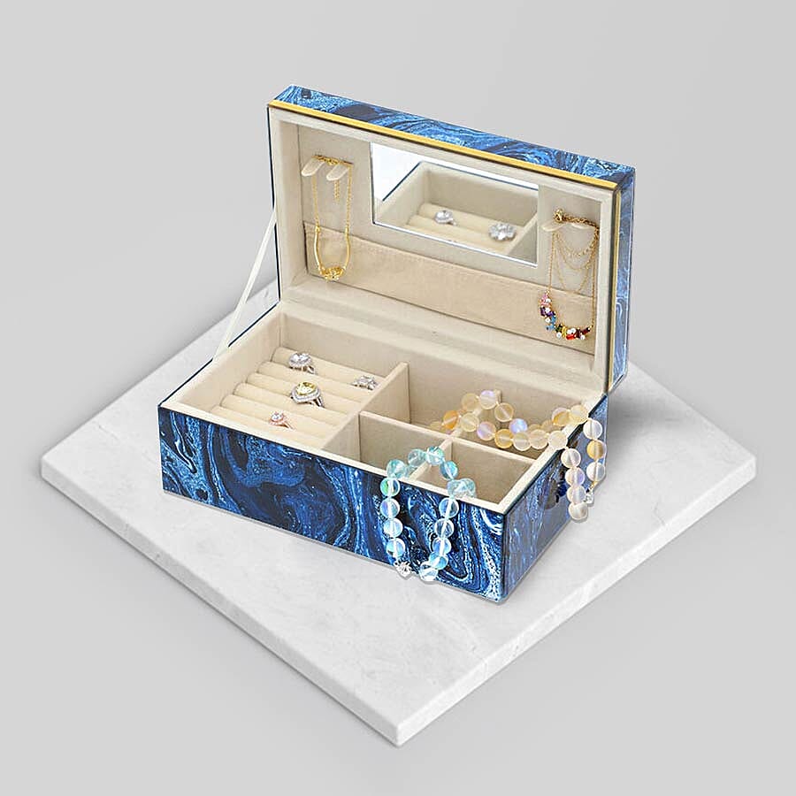 Lapis Gemstone Jewellery Storage Box with Golden Rim and Inside Mirror (Size 21x13x8.5 cm)