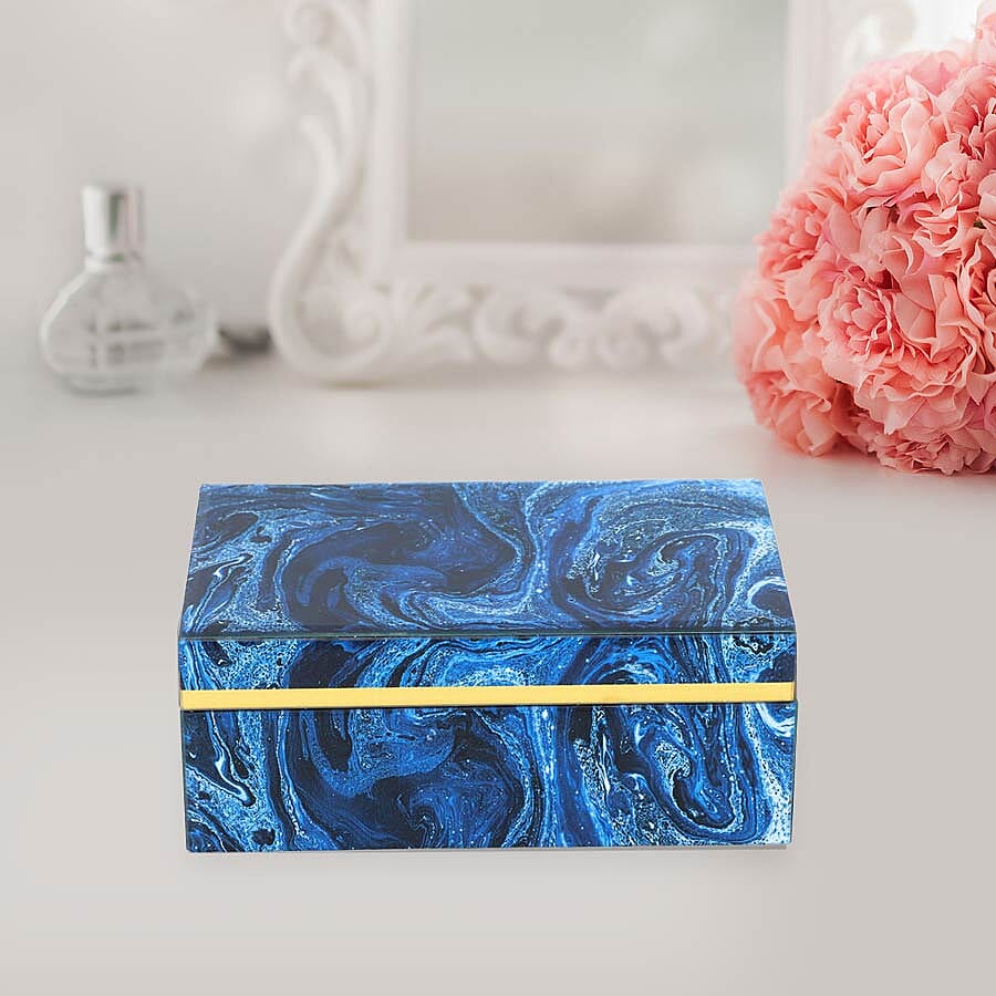 Lapis Gemstone Jewellery Storage Box with Golden Rim and Inside Mirror (Size 21x13x8.5 cm)