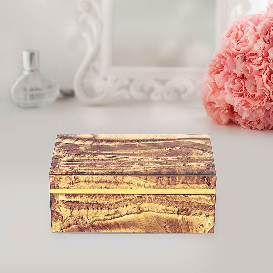 Tiger Eye Gemstone Jewellery Storage Box with Golden Rim and Inside Mirror (Size 21x13x8.5 cm)