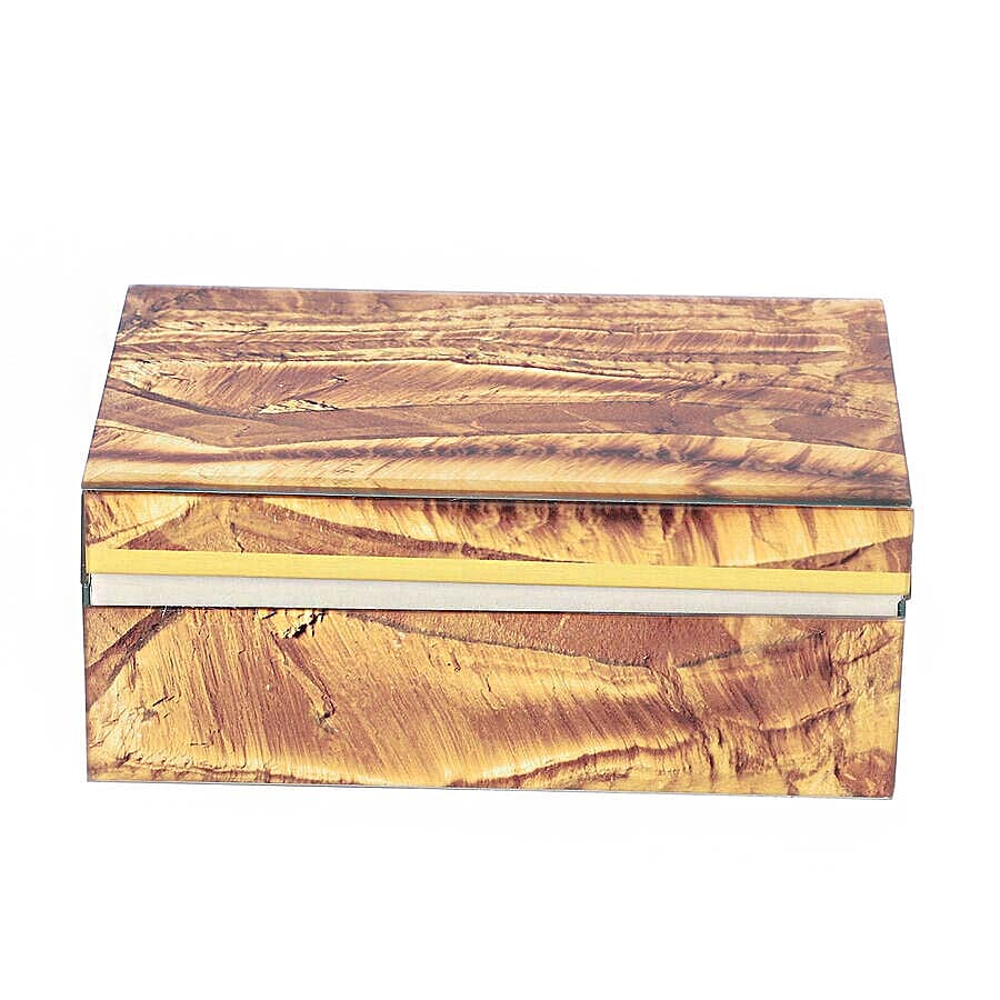 Tiger Eye Gemstone Jewellery Storage Box with Golden Rim and Inside Mirror (Size 21x13x8.5 cm)