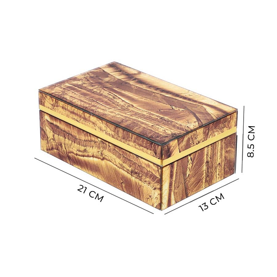 Tiger Eye Gemstone Jewellery Storage Box with Golden Rim and Inside Mirror (Size 21x13x8.5 cm)