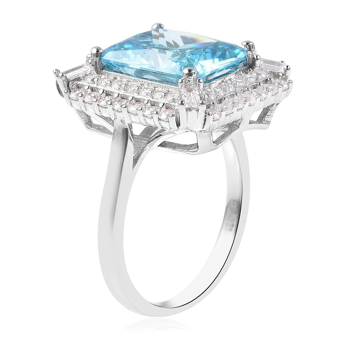 ELANZA Simulated Sky Blue Topaz and Simulated White Diamond Ring in Platinum Overlay Sterling Silver 12.40 Ct.