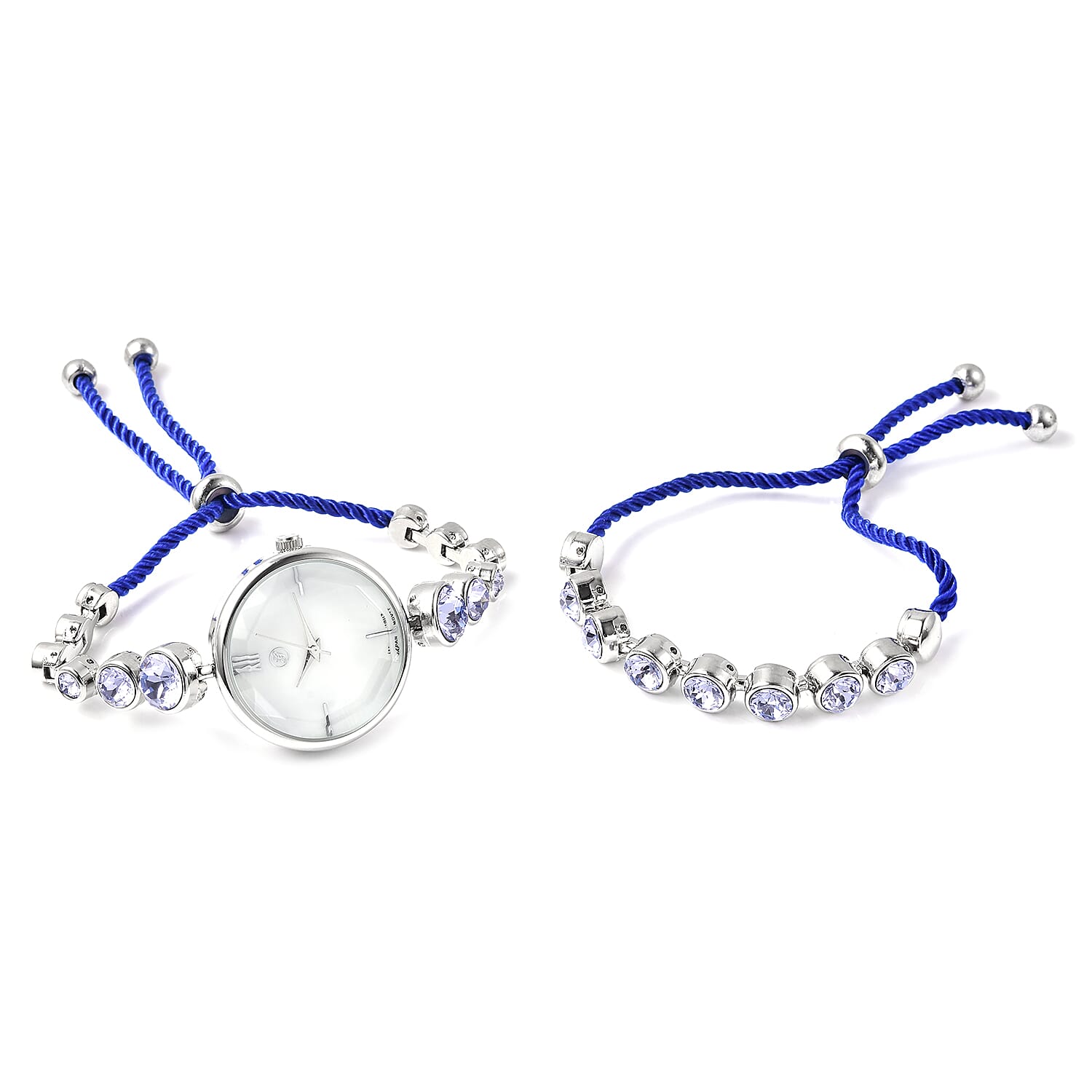 2 Piece Set - GENOA Japanese Movement Provence Lavender  Crystal Studded Water Resistant Bracelet Watch and Adjustable Bolo Bracelet (Size 6-9.5) in Silver Tone