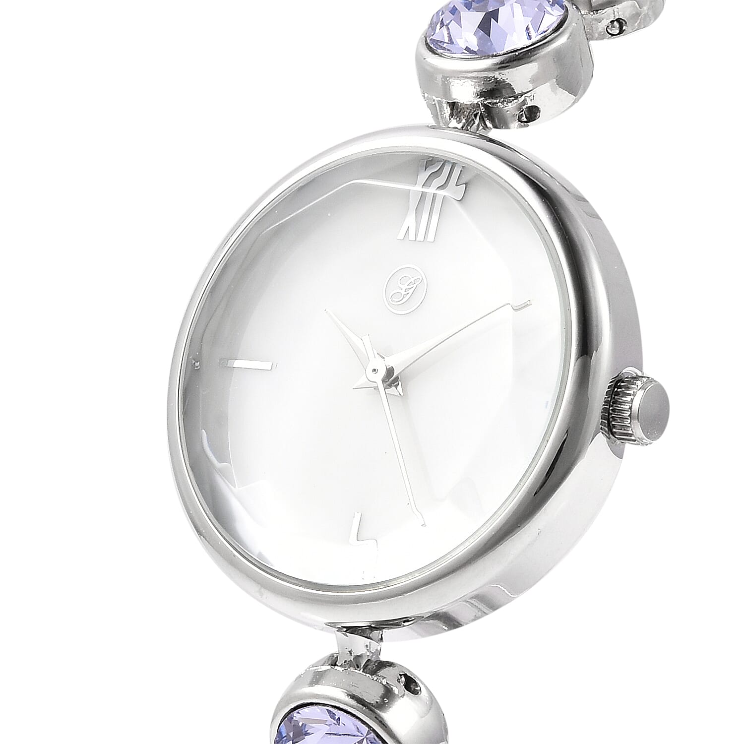 2 Piece Set - GENOA Japanese Movement Provence Lavender  Crystal Studded Water Resistant Bracelet Watch and Adjustable Bolo Bracelet (Size 6-9.5) in Silver Tone