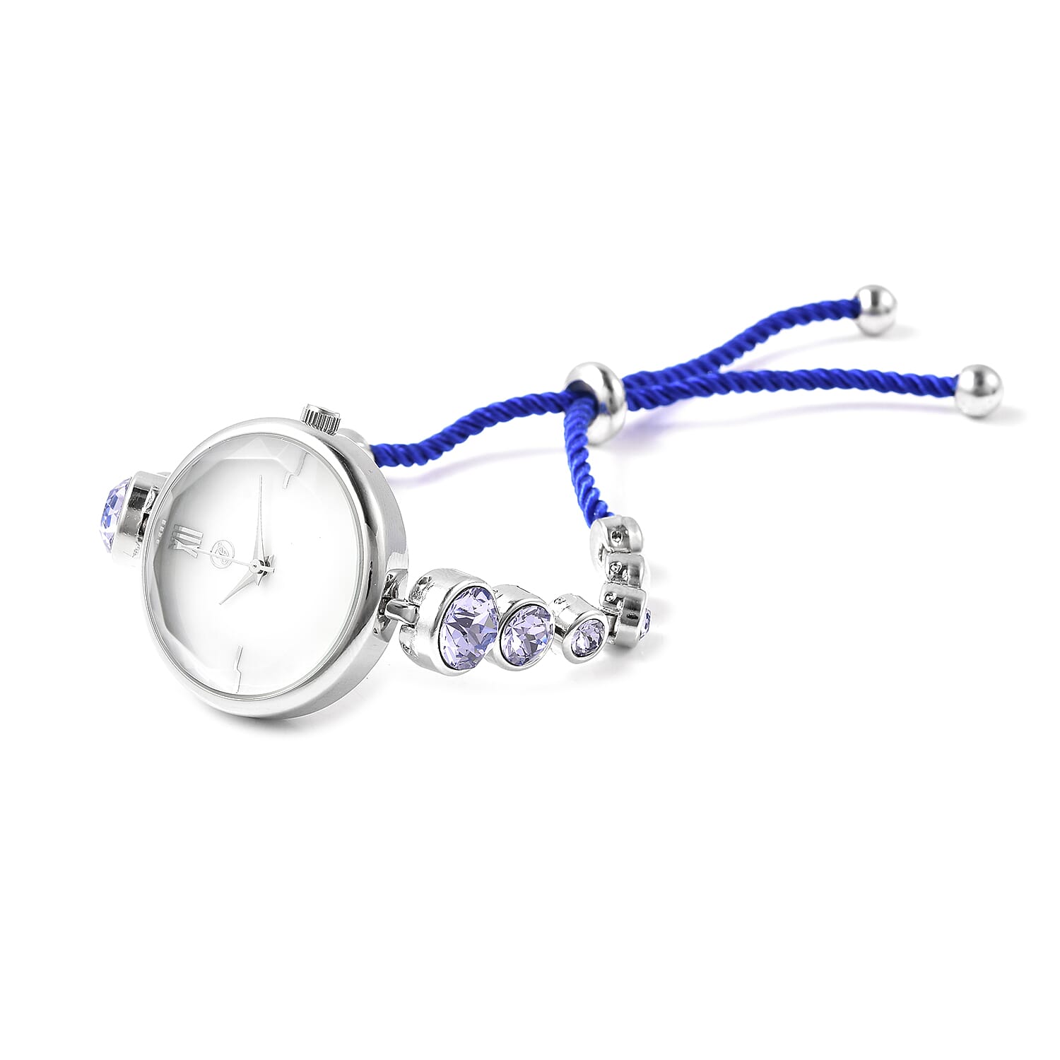 2 Piece Set - GENOA Japanese Movement Provence Lavender  Crystal Studded Water Resistant Bracelet Watch and Adjustable Bolo Bracelet (Size 6-9.5) in Silver Tone