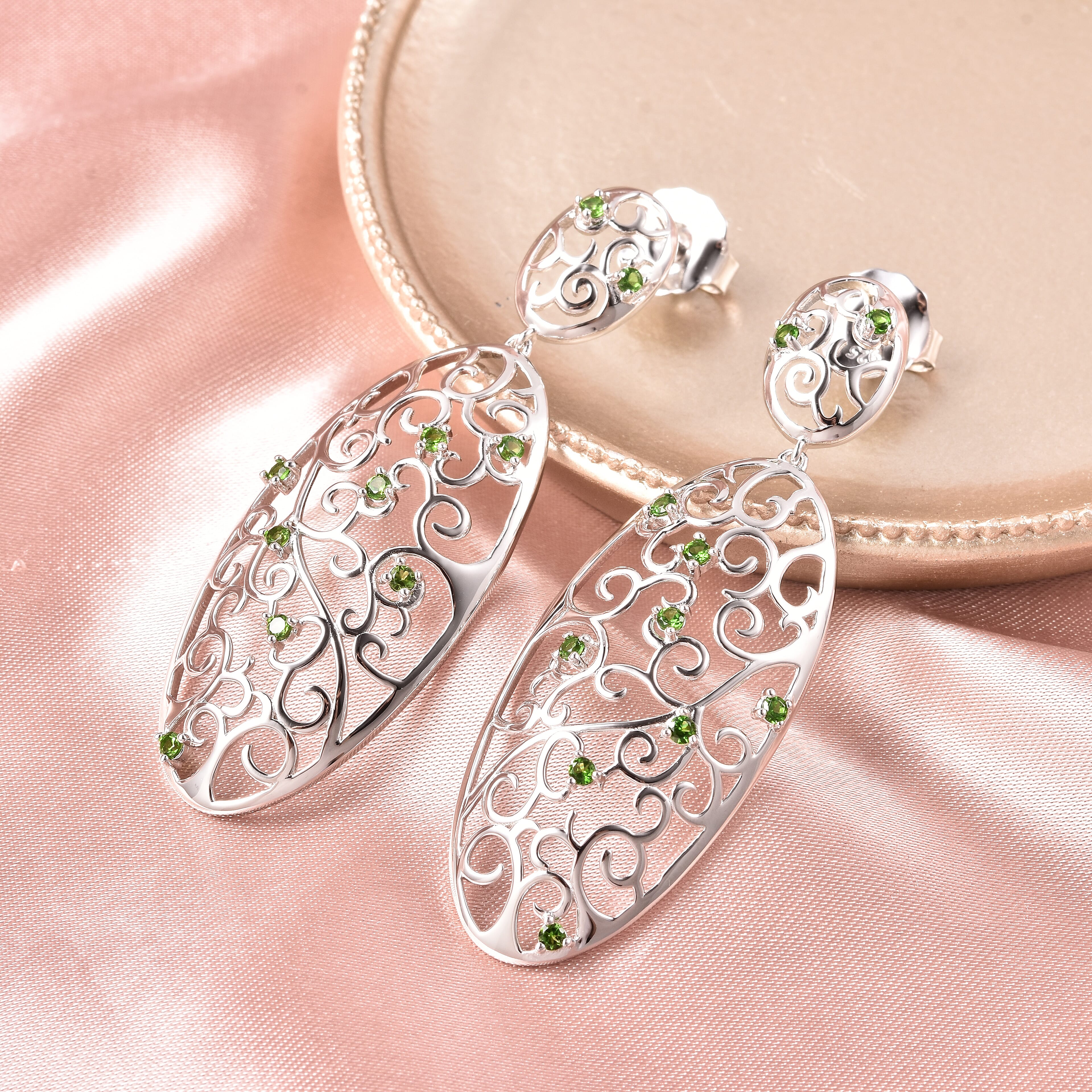 LucyQ Victorian Era Collcetion - Chrome Diopside Filigree Earrings (with Push Back) in Rhodium Overlay Sterling Silver