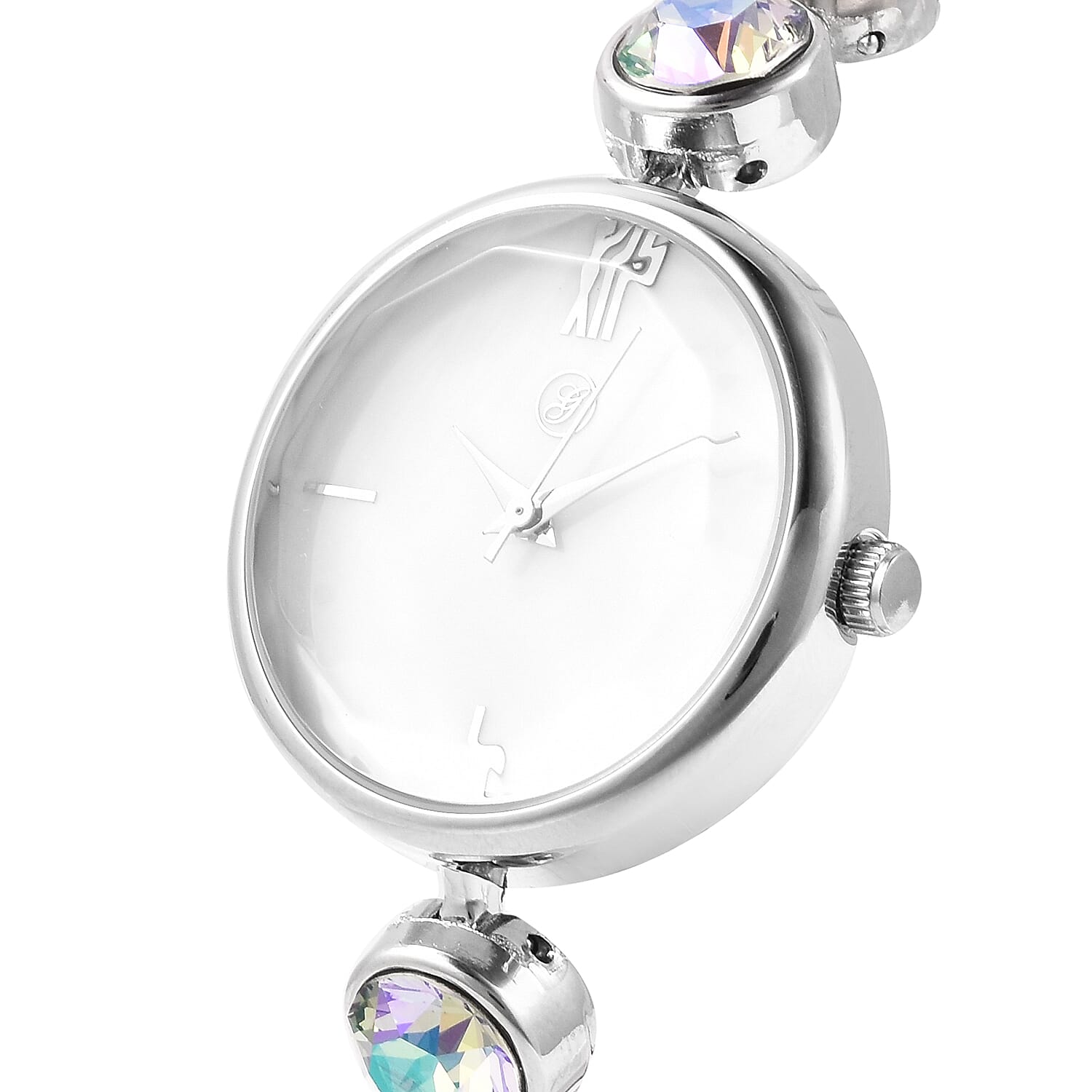 2 Piece Set - GENOA Japanese Movement Magic Colour  Crystal Studded Water Resistant Bracelet Watch and Adjustable Bolo Bracelet (Size 6-9.5) in Silver Tone