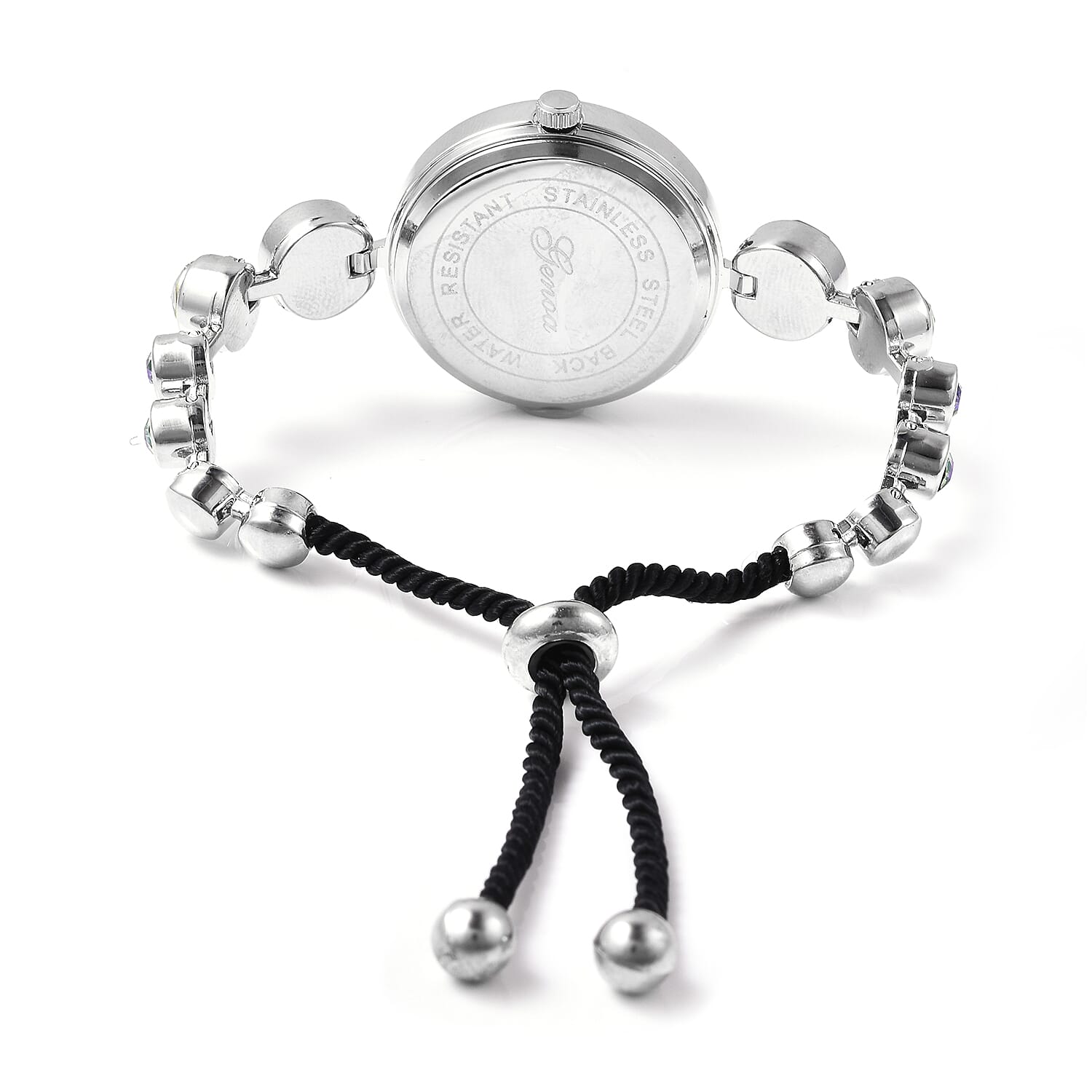 2 Piece Set - GENOA Japanese Movement Magic Colour  Crystal Studded Water Resistant Bracelet Watch and Adjustable Bolo Bracelet (Size 6-9.5) in Silver Tone