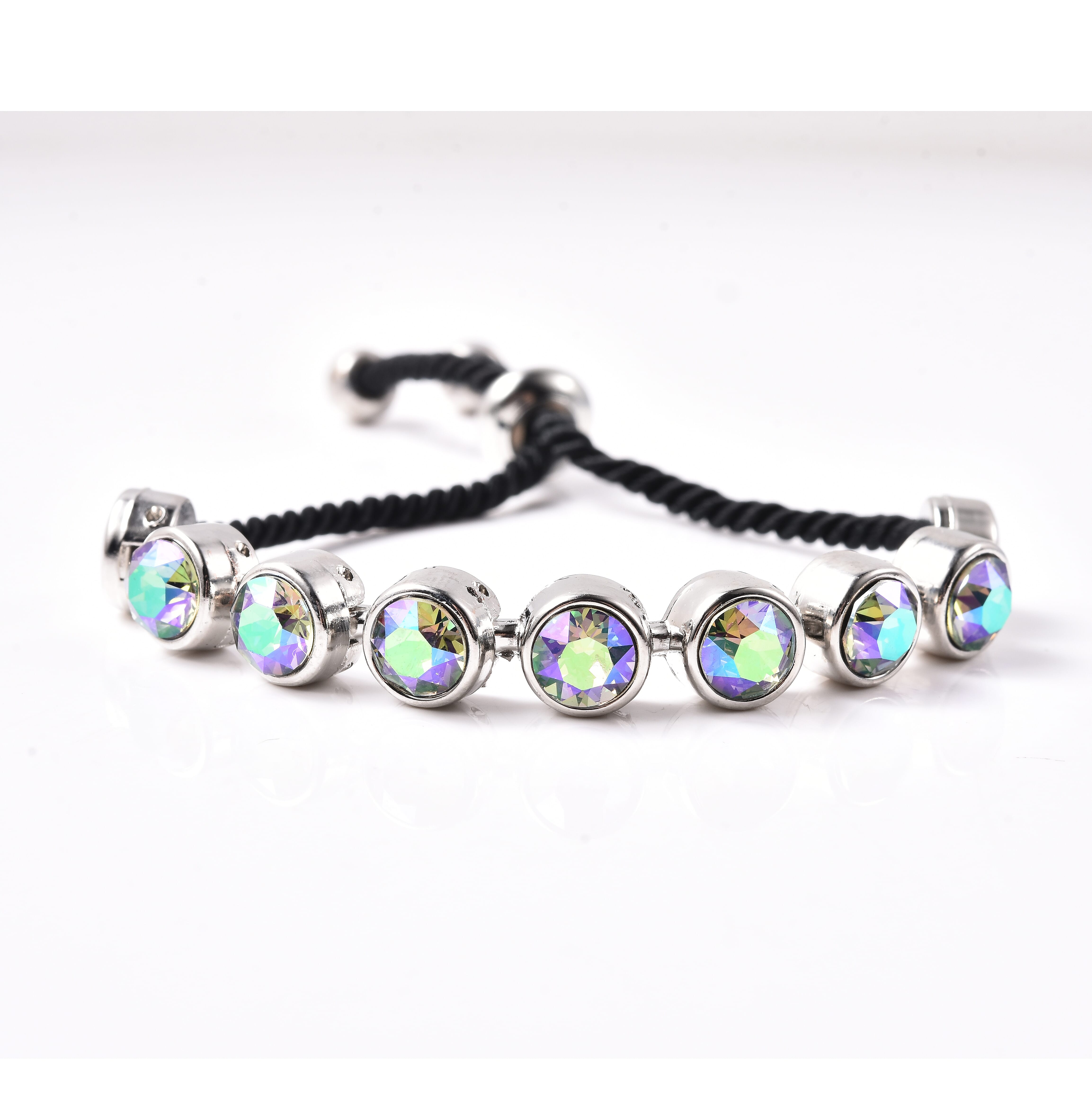 2 Piece Set - GENOA Japanese Movement Magic Colour  Crystal Studded Water Resistant Bracelet Watch and Adjustable Bolo Bracelet (Size 6-9.5) in Silver Tone