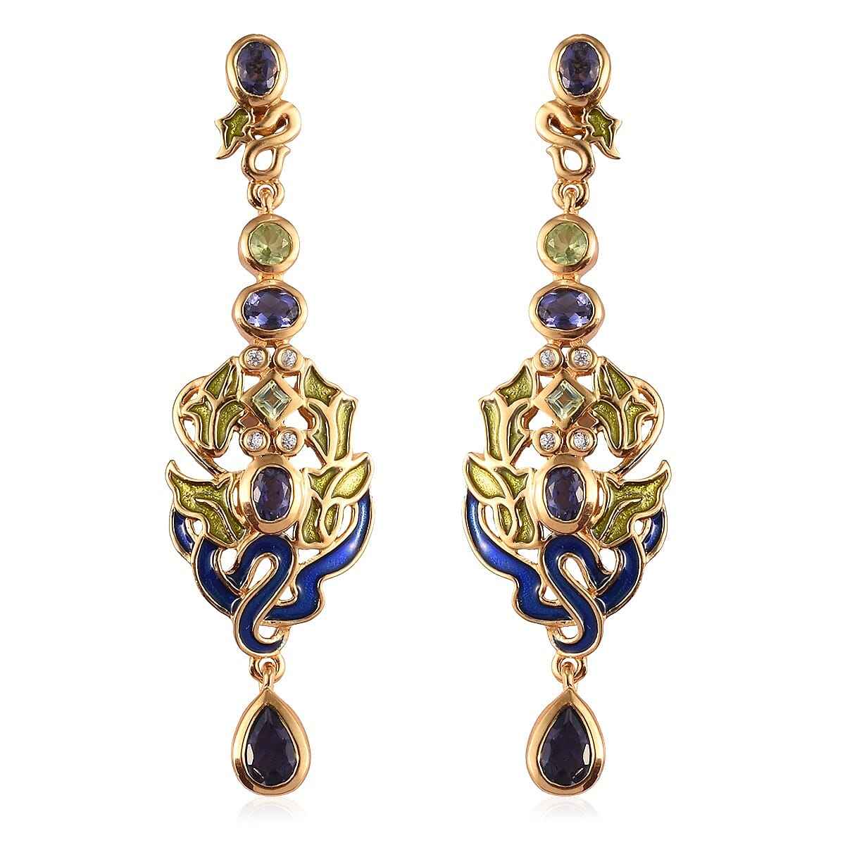 GP Iolite, Hebei Periodt, Natural Cambodian Zircon and Blue Sapphire Dangling Earring in 14K Gold Overlay Sterling Silver 2.00 Ct, Silver wt. 9.00 Gms