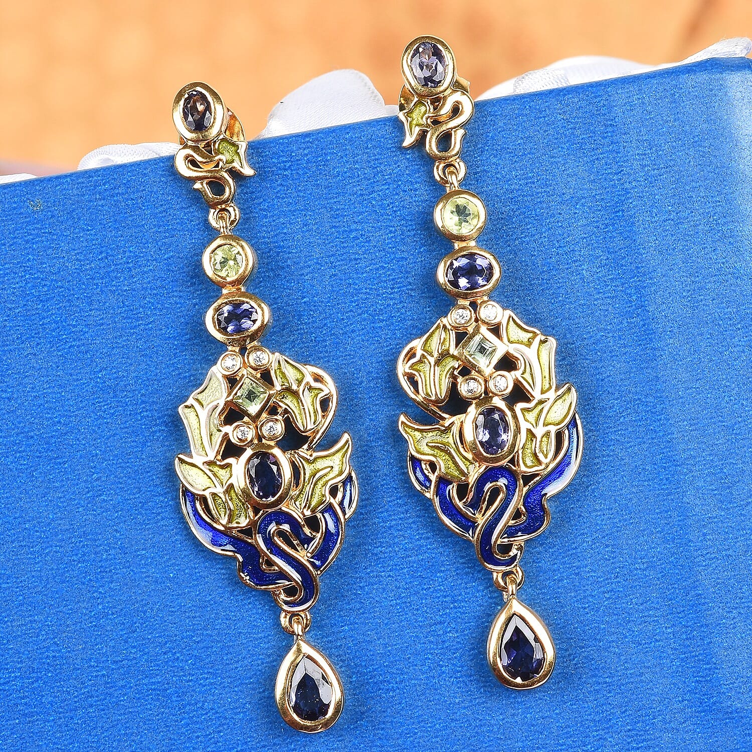 GP Iolite, Hebei Periodt, Natural Cambodian Zircon and Blue Sapphire Dangling Earring in 14K Gold Overlay Sterling Silver 2.00 Ct, Silver wt. 9.00 Gms