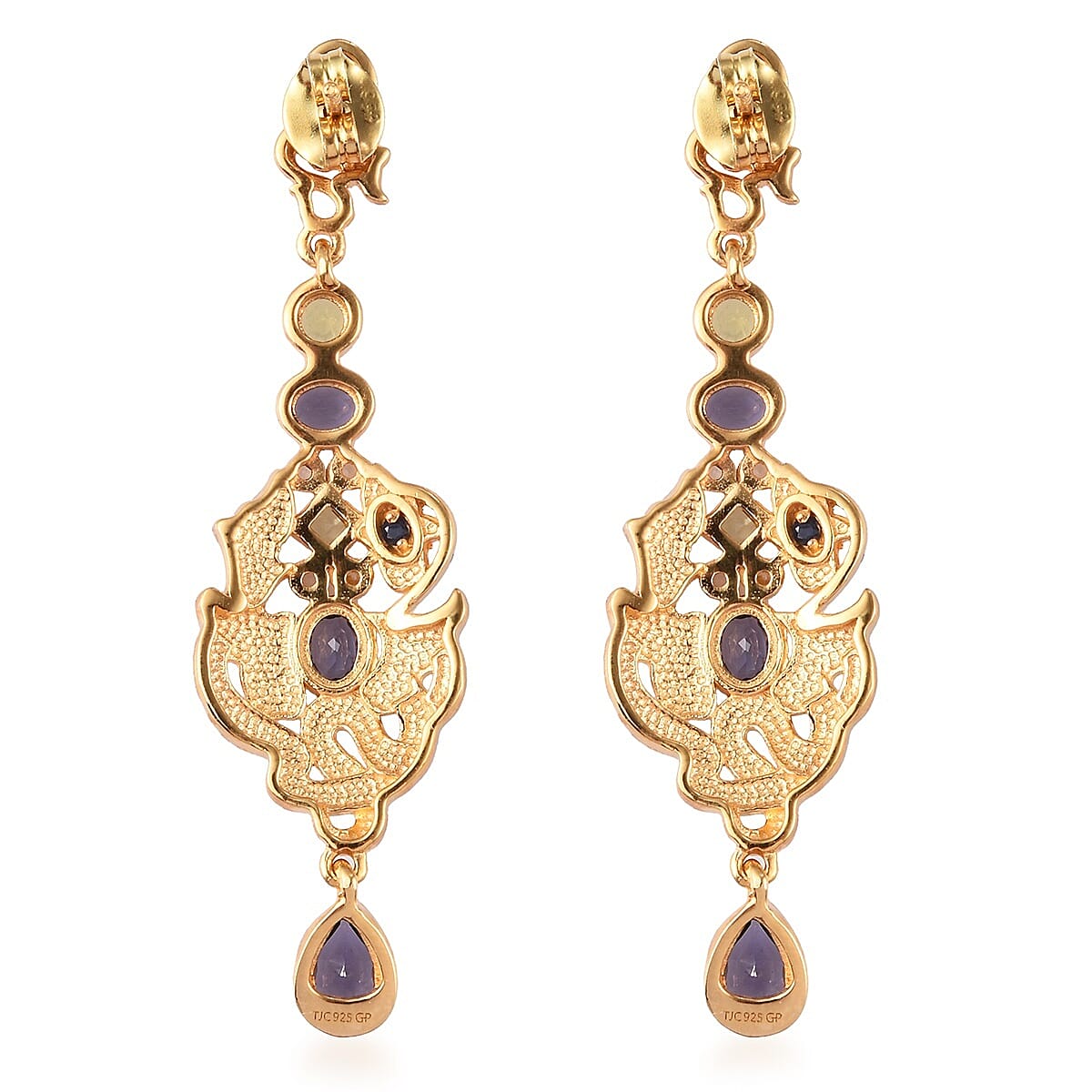 GP Iolite, Hebei Periodt, Natural Cambodian Zircon and Blue Sapphire Dangling Earring in 14K Gold Overlay Sterling Silver 2.00 Ct, Silver wt. 9.00 Gms