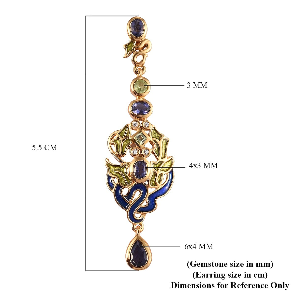 GP Iolite, Hebei Periodt, Natural Cambodian Zircon and Blue Sapphire Dangling Earring in 14K Gold Overlay Sterling Silver 2.00 Ct, Silver wt. 9.00 Gms