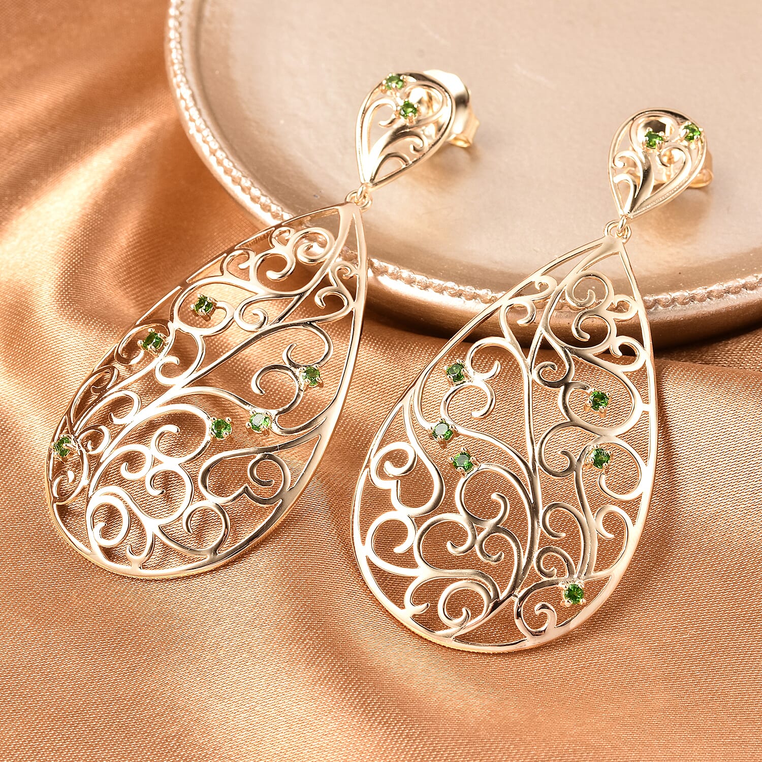 LucyQ Victorian Era Collection - Chrome Diopside Drop Earrings (with Push Back) in Yellow Gold Overlay Sterling Silver