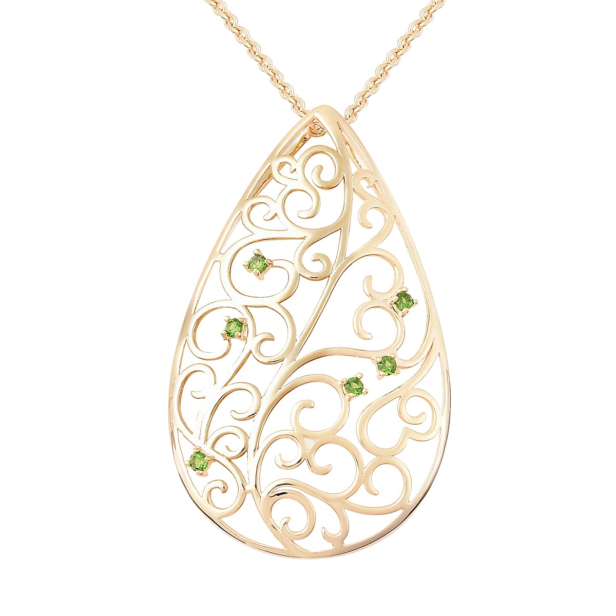 LucyQ Victorian Era Collection - Chrome Diopside Filigree Design Pendant with Chain (Size 20) in Yellow Gold Overlay Sterling Silver