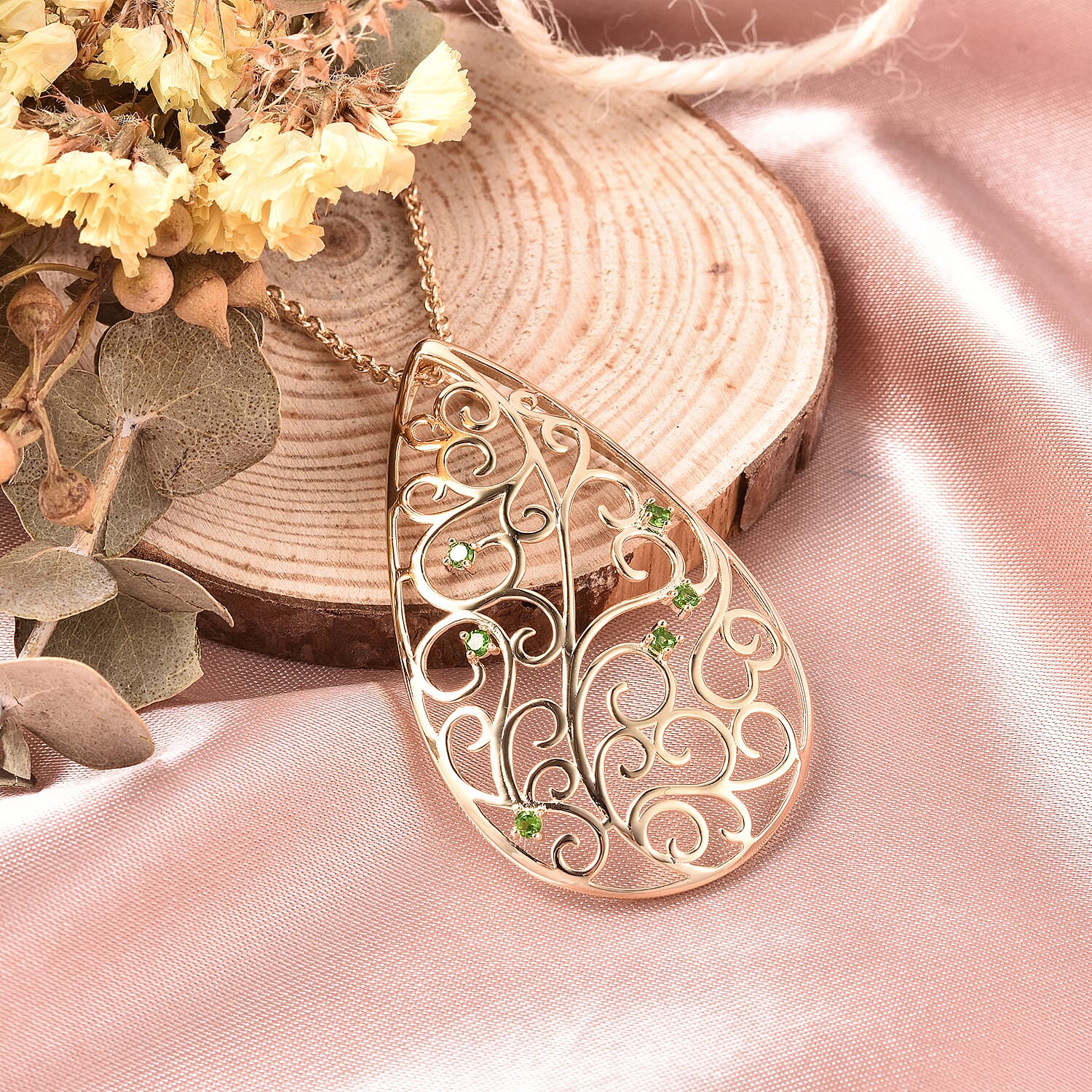 LucyQ Victorian Era Collection - Chrome Diopside Filigree Design Pendant with Chain (Size 20) in Yellow Gold Overlay Sterling Silver