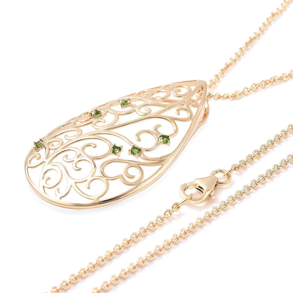 LucyQ Victorian Era Collection - Chrome Diopside Filigree Design Pendant with Chain (Size 20) in Yellow Gold Overlay Sterling Silver