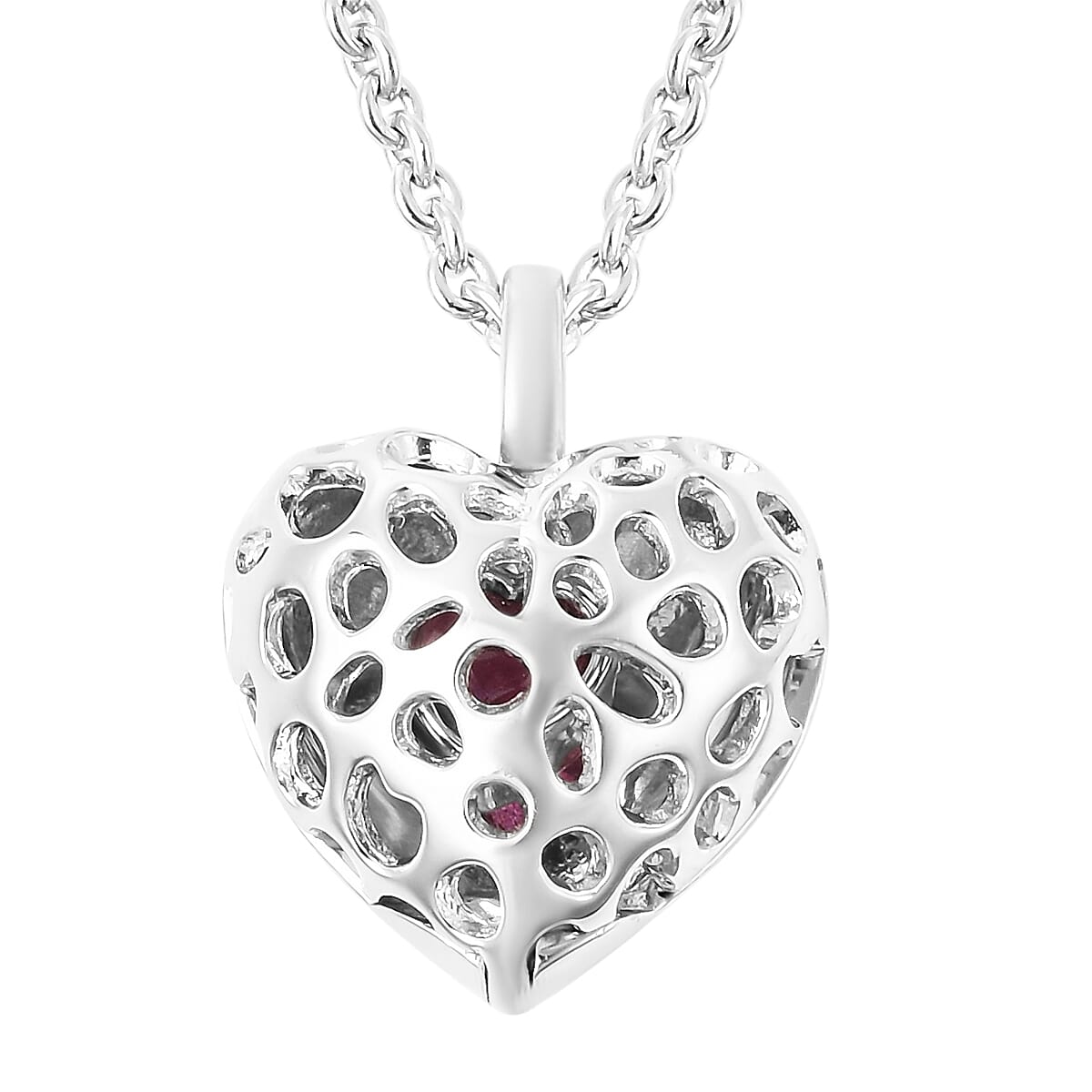 RACHEL GALLEY Angel Heart Collection - African Ruby Lattice Heart Locket Pendant with Chain (Size 20 with Extender) in Rhodium Overlay Sterling Silver