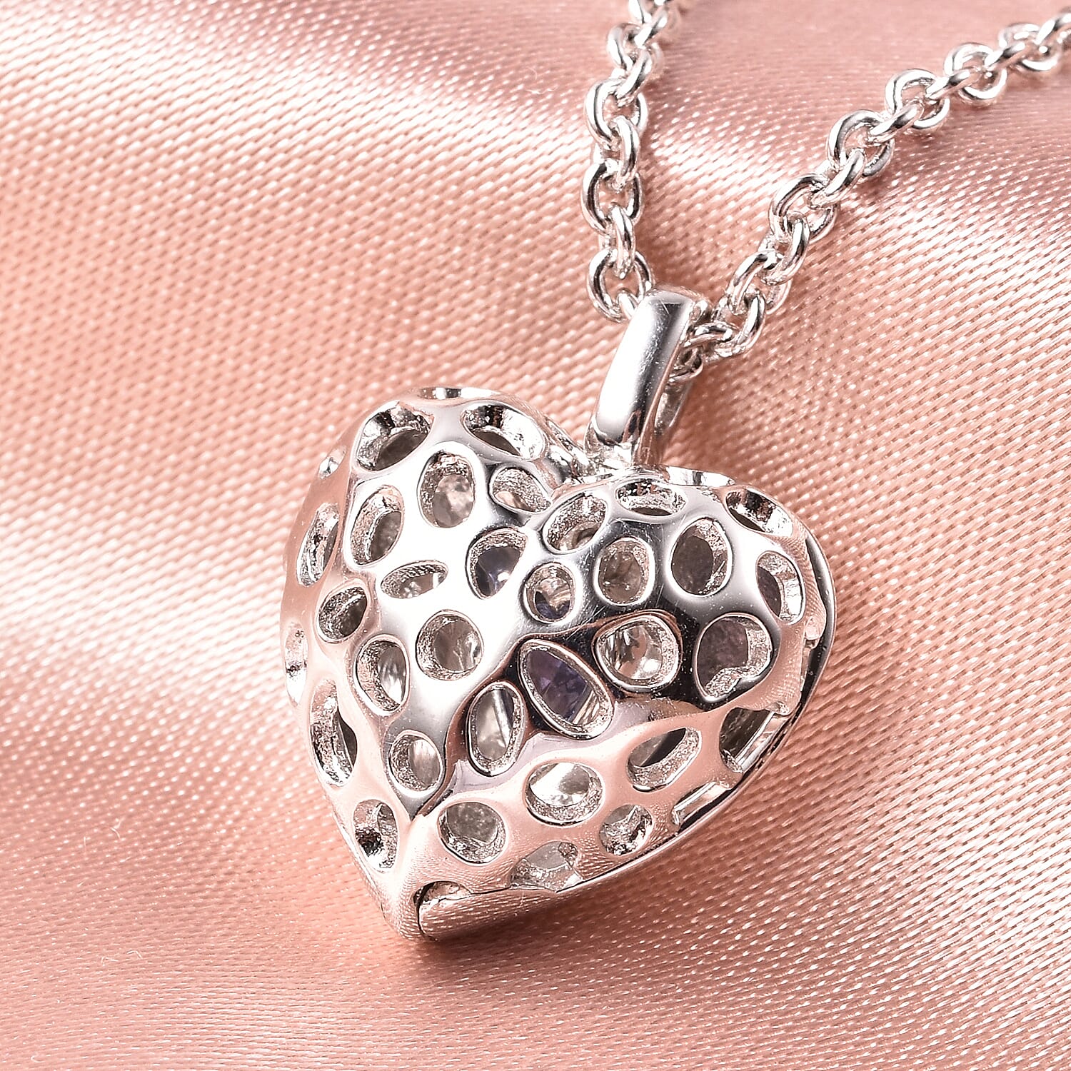 RACHEL GALLEY Angel Heart Collection - African Ruby Lattice Heart Locket Pendant with Chain (Size 20 with Extender) in Rhodium Overlay Sterling Silver