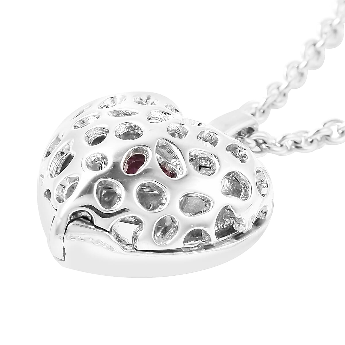 RACHEL GALLEY Angel Heart Collection - African Ruby Lattice Heart Locket Pendant with Chain (Size 20 with Extender) in Rhodium Overlay Sterling Silver