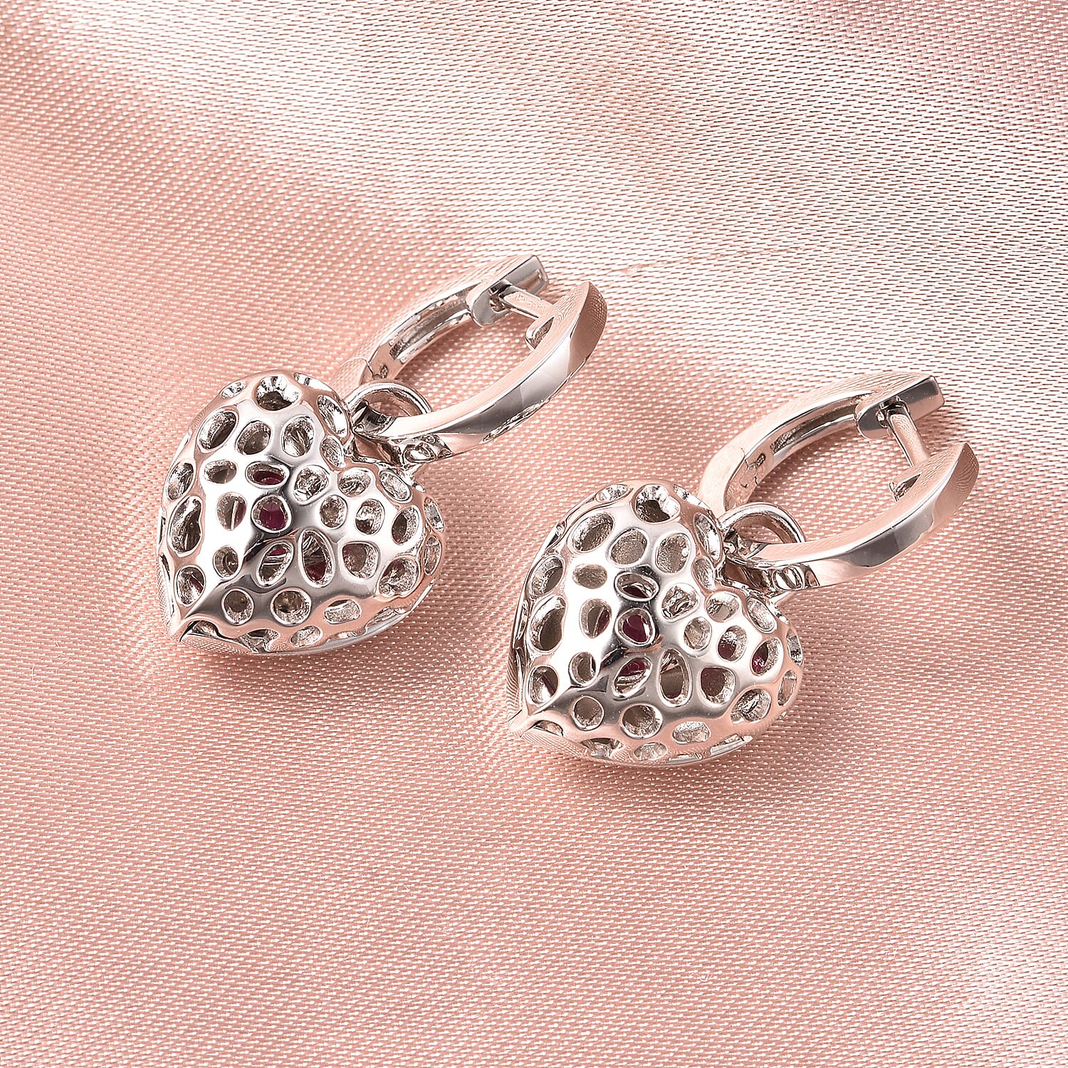 RACHEL GALLEY Angel Heart Collection - Tanzanite Lattice Heart Charm Hoop Earrings (with French Clip) in Rhodium Overlay Sterling Silver