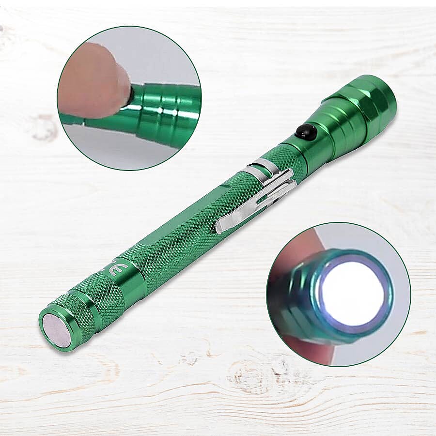 2 Piece Set - 360 Degree Flexible Head 3 LED Magnetic Flashlight (Size 17x2.2 Cm) (4XLR44 Battery Included) - Green Colour