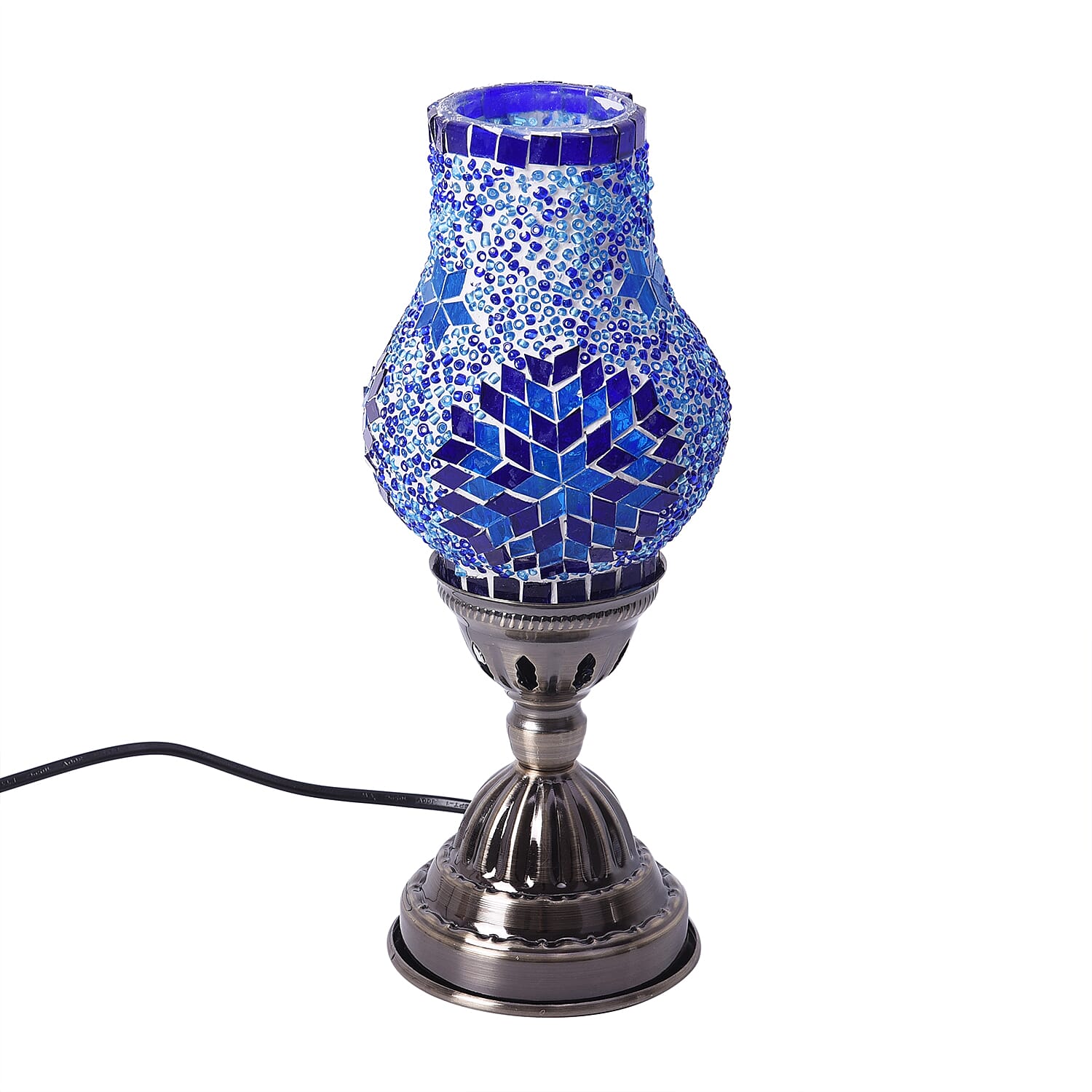 Handmade Turkish Blue Glass Mosaic Table Lamp with Bronze Base (Size 28x10cm)