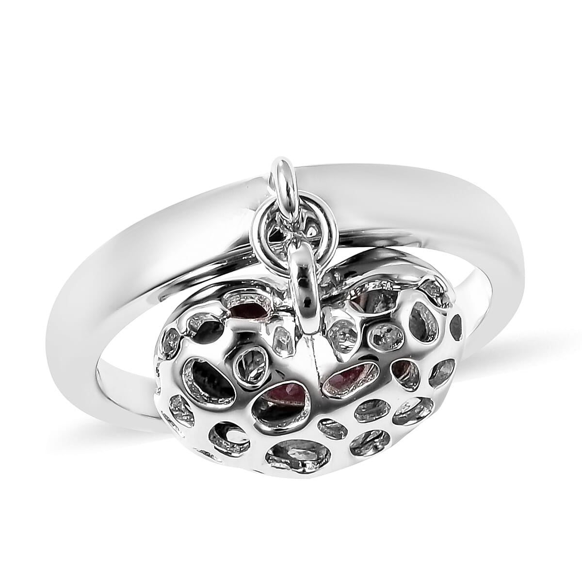 RACHEL GALLEY Angel Heart Collection - African Ruby Lattice Heart Charm Ring in Rhodium Overlay Sterling Silver