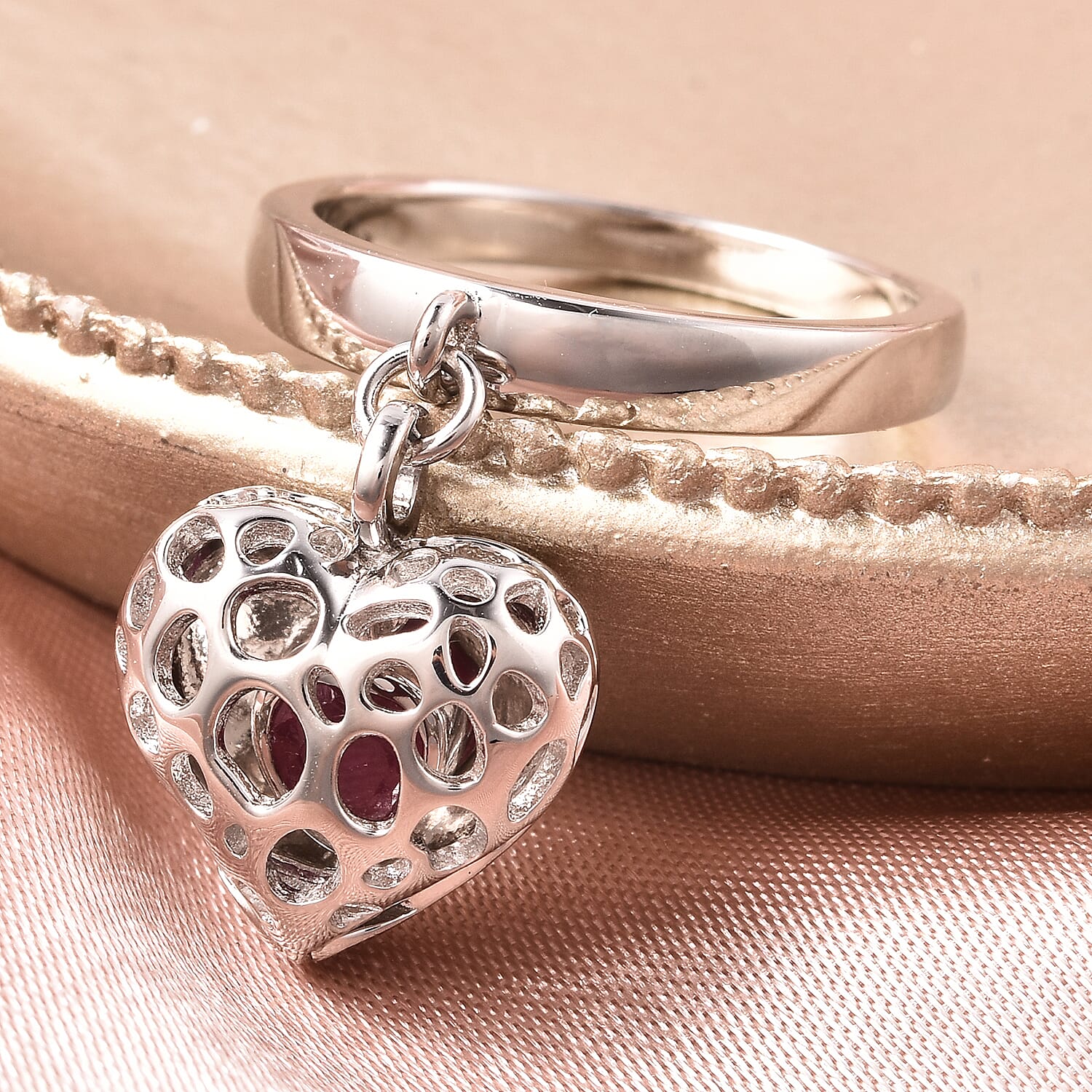 RACHEL GALLEY Angel Heart Collection - African Ruby Lattice Heart Charm Ring in Rhodium Overlay Sterling Silver