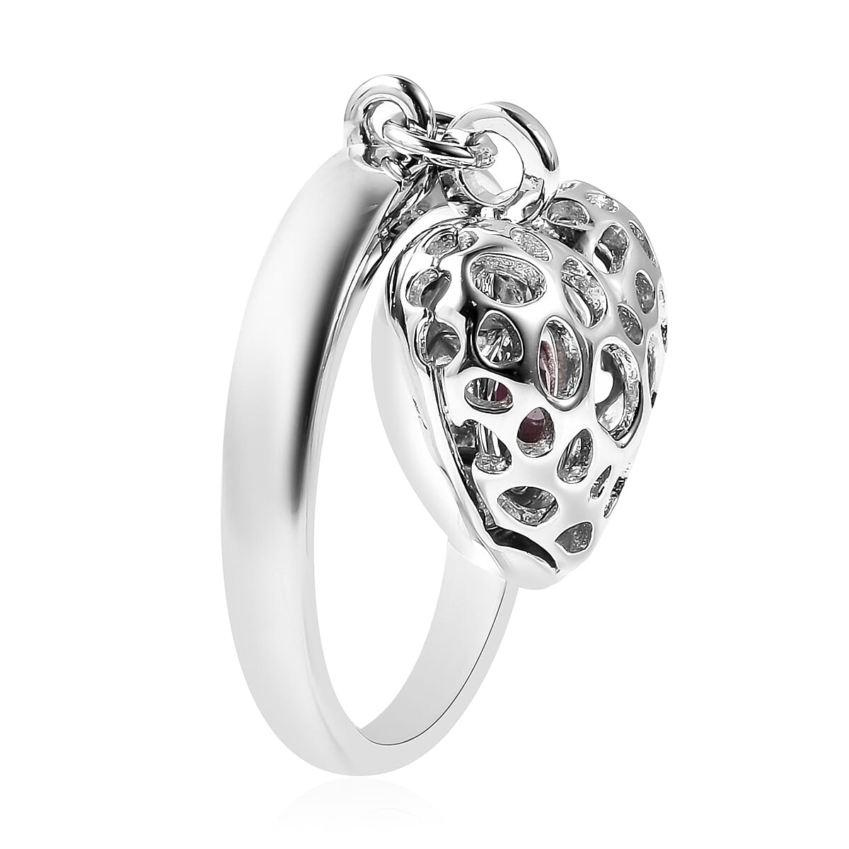 RACHEL GALLEY Angel Heart Collection - African Ruby Lattice Heart Charm Ring in Rhodium Overlay Sterling Silver