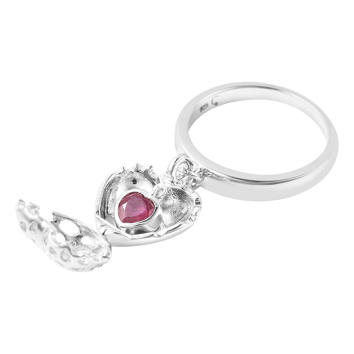 RACHEL GALLEY Angel Heart Collection - African Ruby Lattice Heart Charm Ring in Rhodium Overlay Sterling Silver
