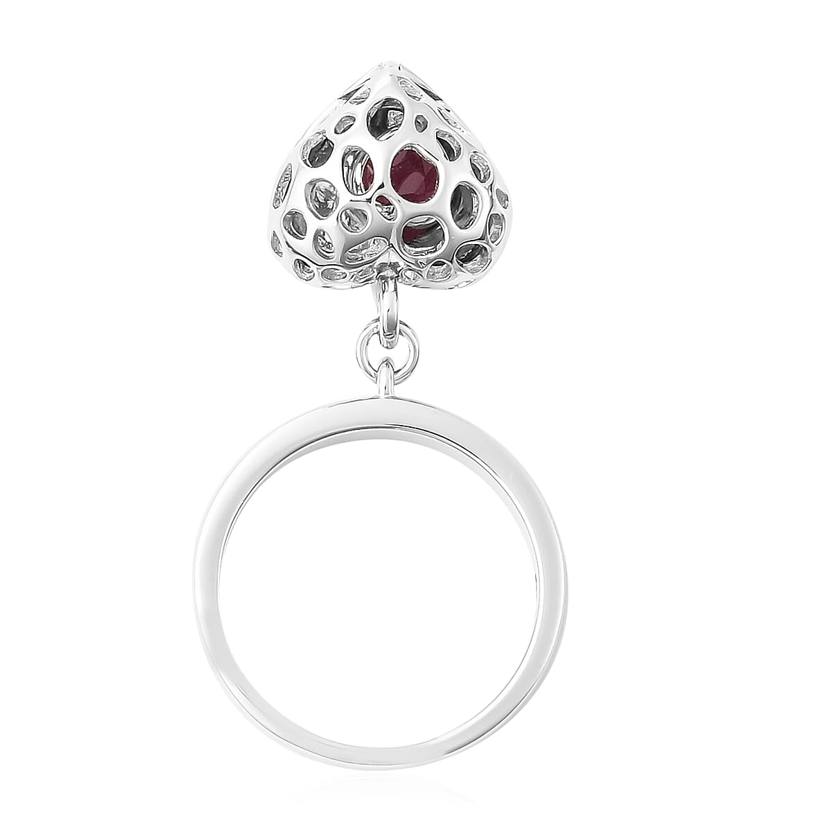 RACHEL GALLEY Angel Heart Collection - African Ruby Lattice Heart Charm Ring in Rhodium Overlay Sterling Silver
