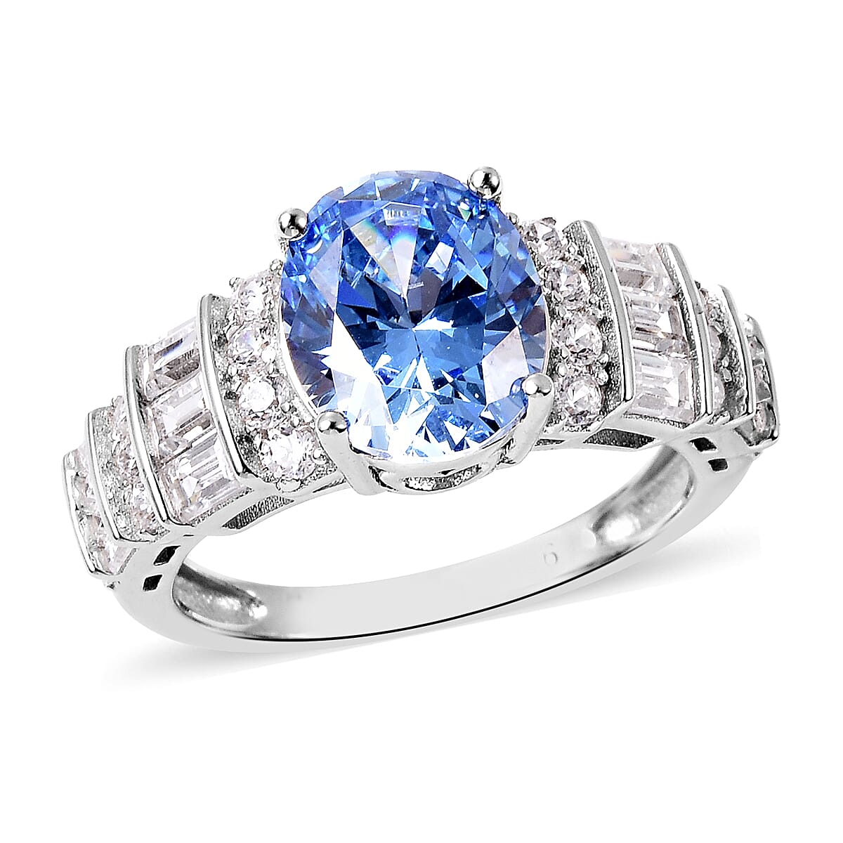 Lustro Stella Rhodium Overlay Sterling Silver Ring Made with BLUE AND WHITE  ZIRCONIA
