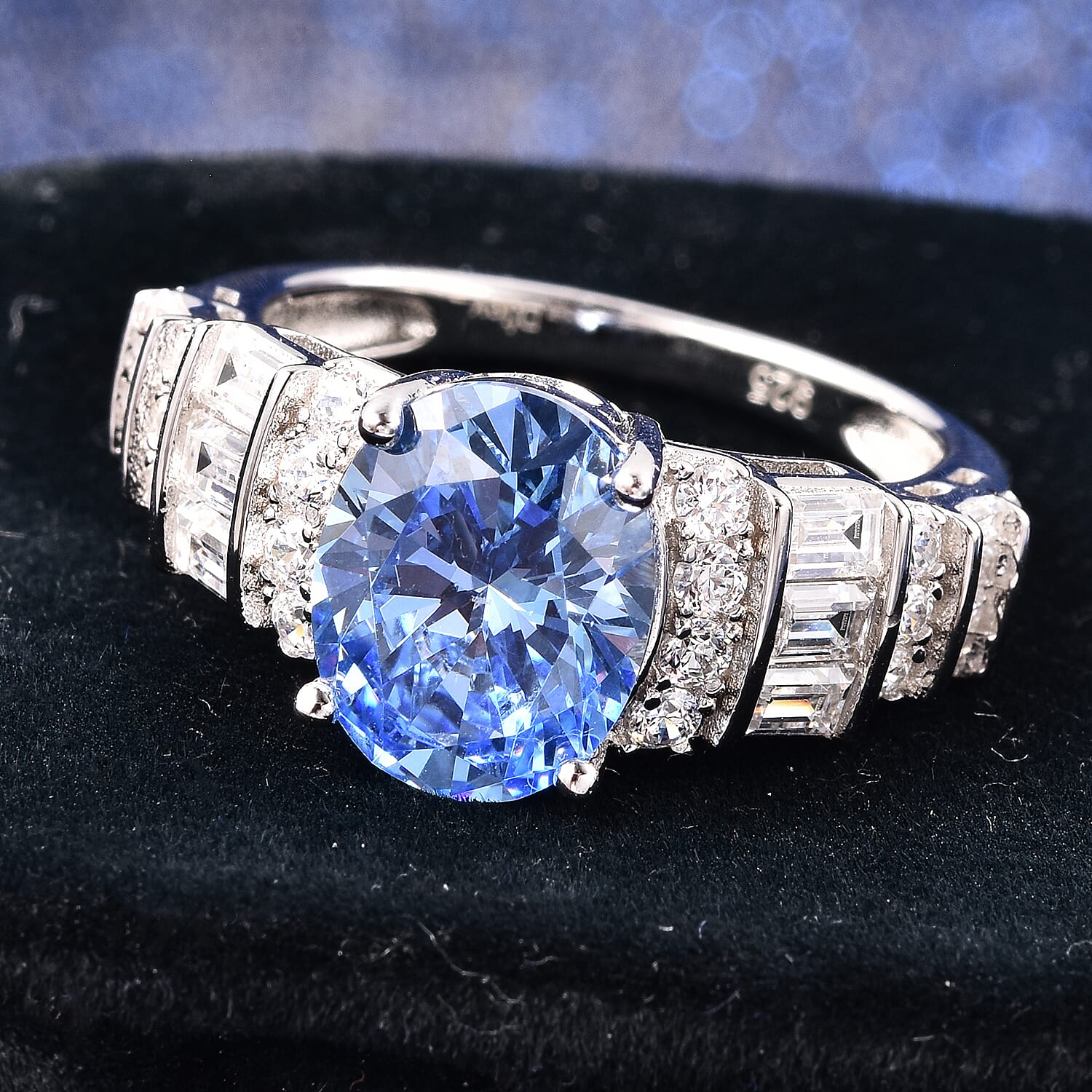 Lustro Stella Rhodium Overlay Sterling Silver Ring Made with BLUE AND WHITE  ZIRCONIA