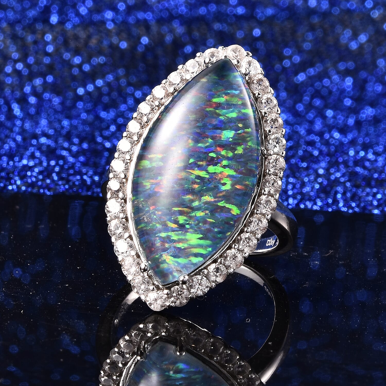 Australian Boulder Opal and Natural Cambodian Zircon Marquise (24x12mm) Ring in Rhodium Overlay Sterling Silver