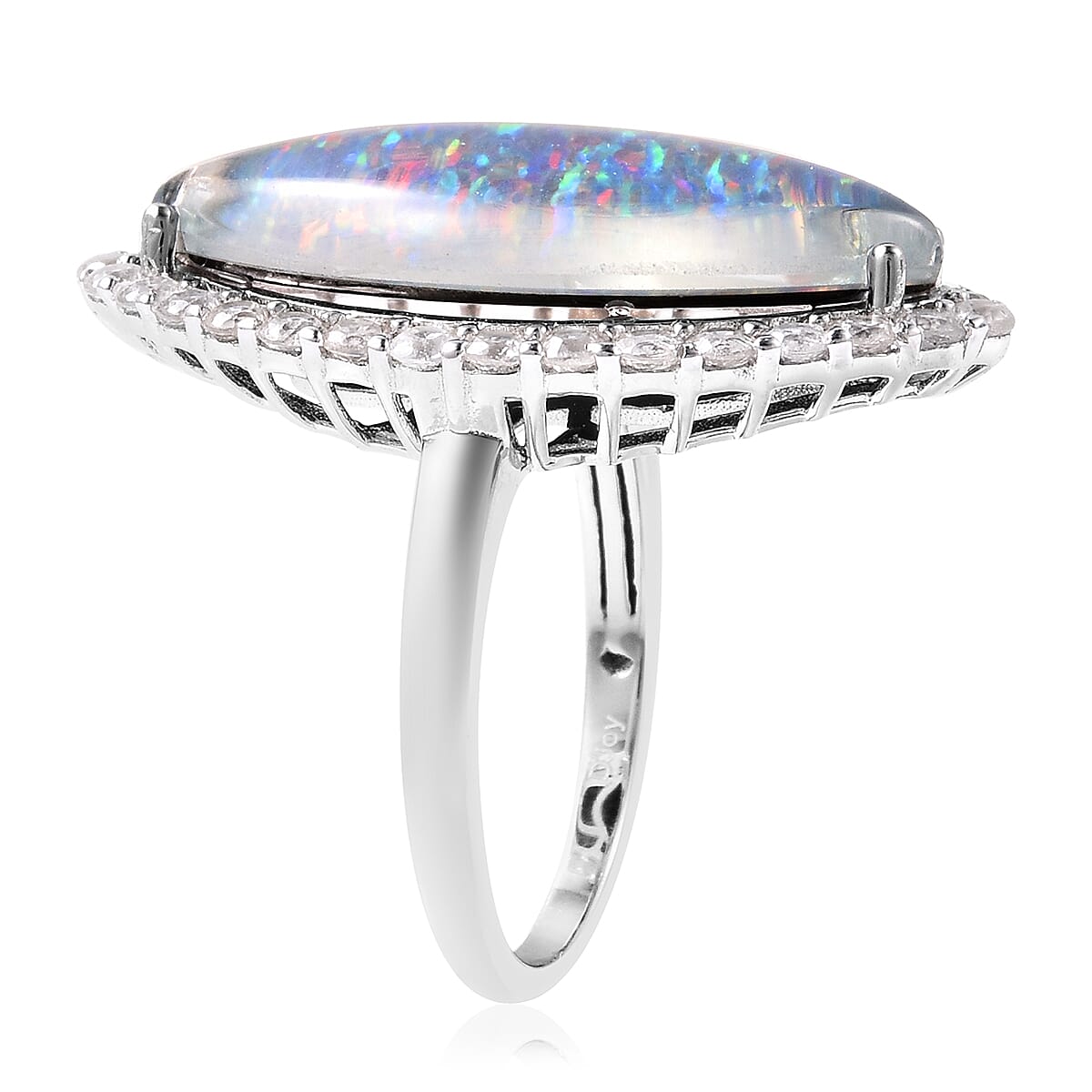 Australian Boulder Opal and Natural Cambodian Zircon Marquise (24x12mm) Ring in Rhodium Overlay Sterling Silver