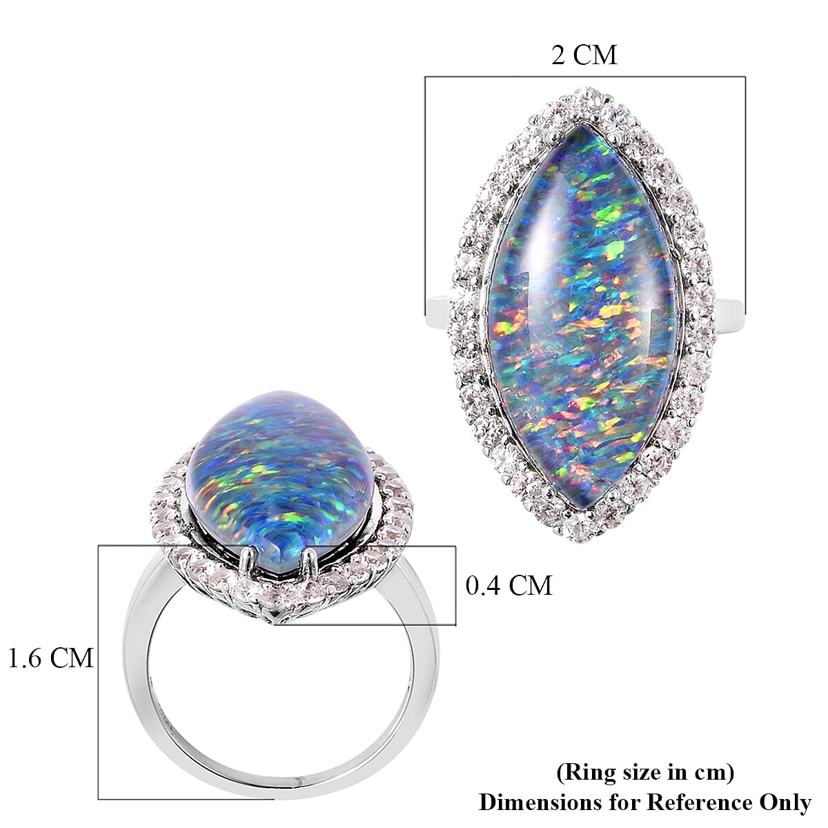 Australian Boulder Opal and Natural Cambodian Zircon Marquise (24x12mm) Ring in Rhodium Overlay Sterling Silver
