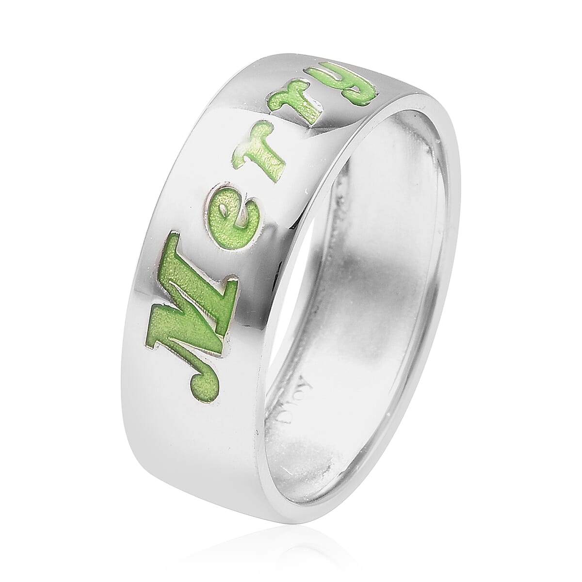 Night Glow Merry Christmas Band Ring in Rhodium Overlay Sterling Silver