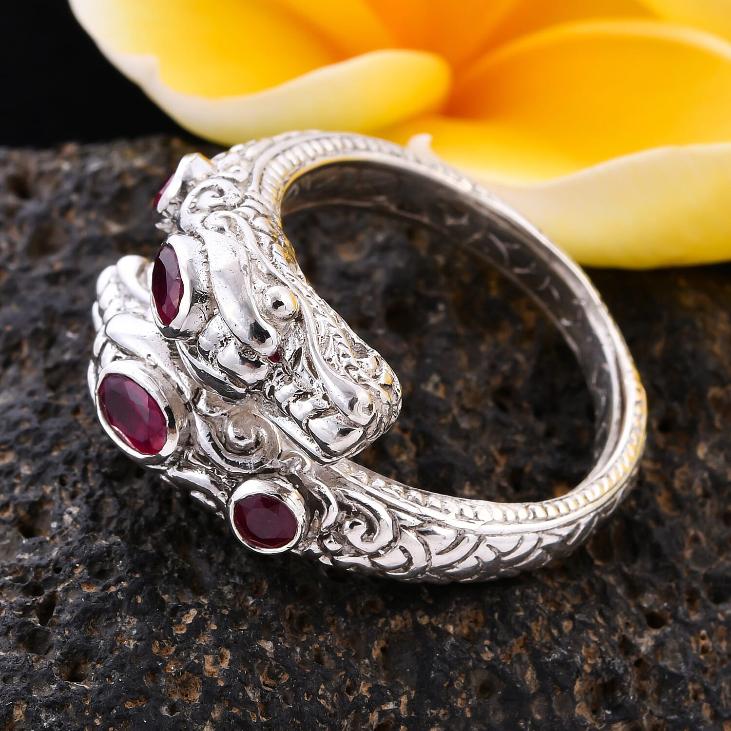 Royal Bali Collection - African Ruby Dragon Head Ring in Sterling Silver 1.08 Ct, Silver wt 8.00 Gms