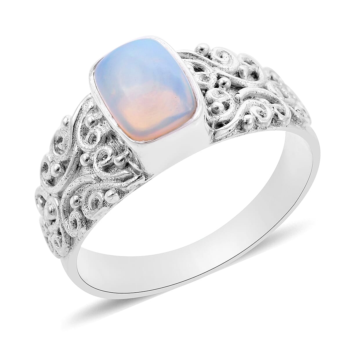 Royal Bali Collection - Ethiopian Welo Opal (Cushion Cut) Ring in Sterling Silver