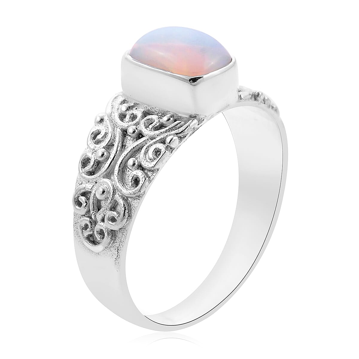Royal Bali Collection - Ethiopian Welo Opal (Cushion Cut) Ring in Sterling Silver