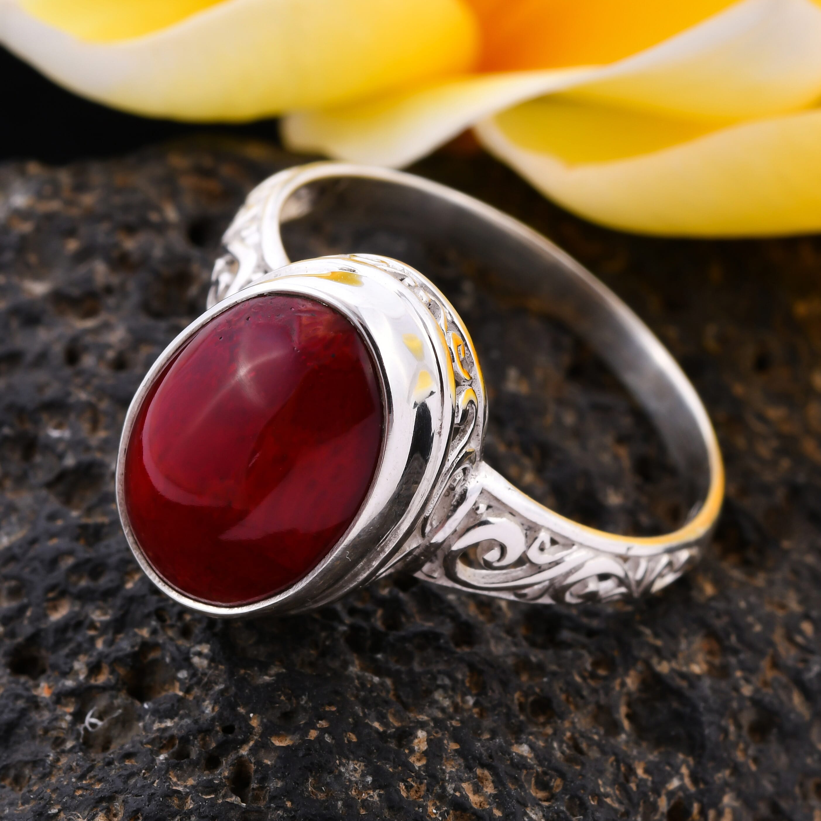 Royal Bali Collection - Sponge Coral Solitaire Ring in Sterling Silver