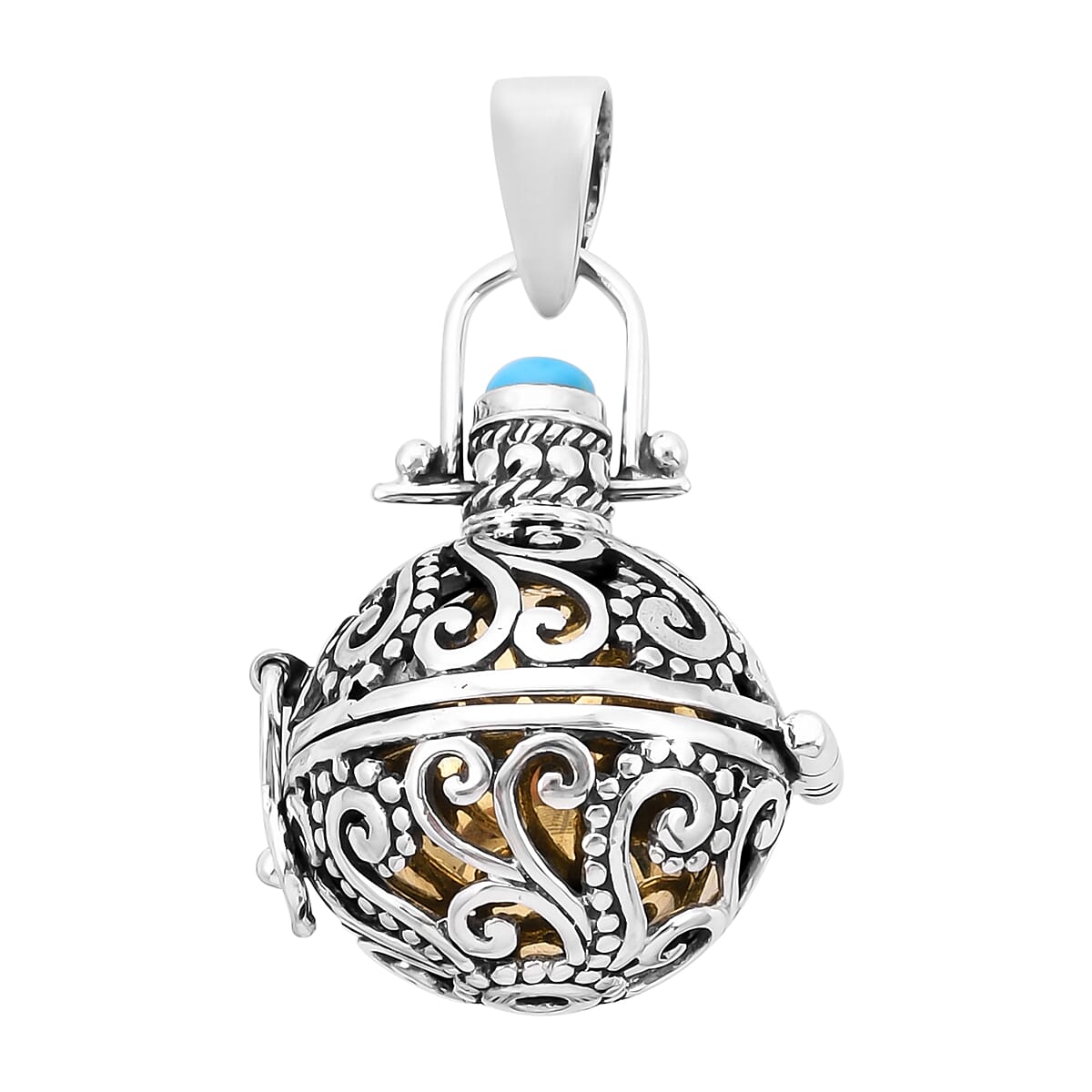 Royal Bali Collection - Arizona Sleeping Beauty Turquoise Harmony Ball Pendant in Yellow Gold Overlay Sterling Silver, Silver wt. 9.10 Gms