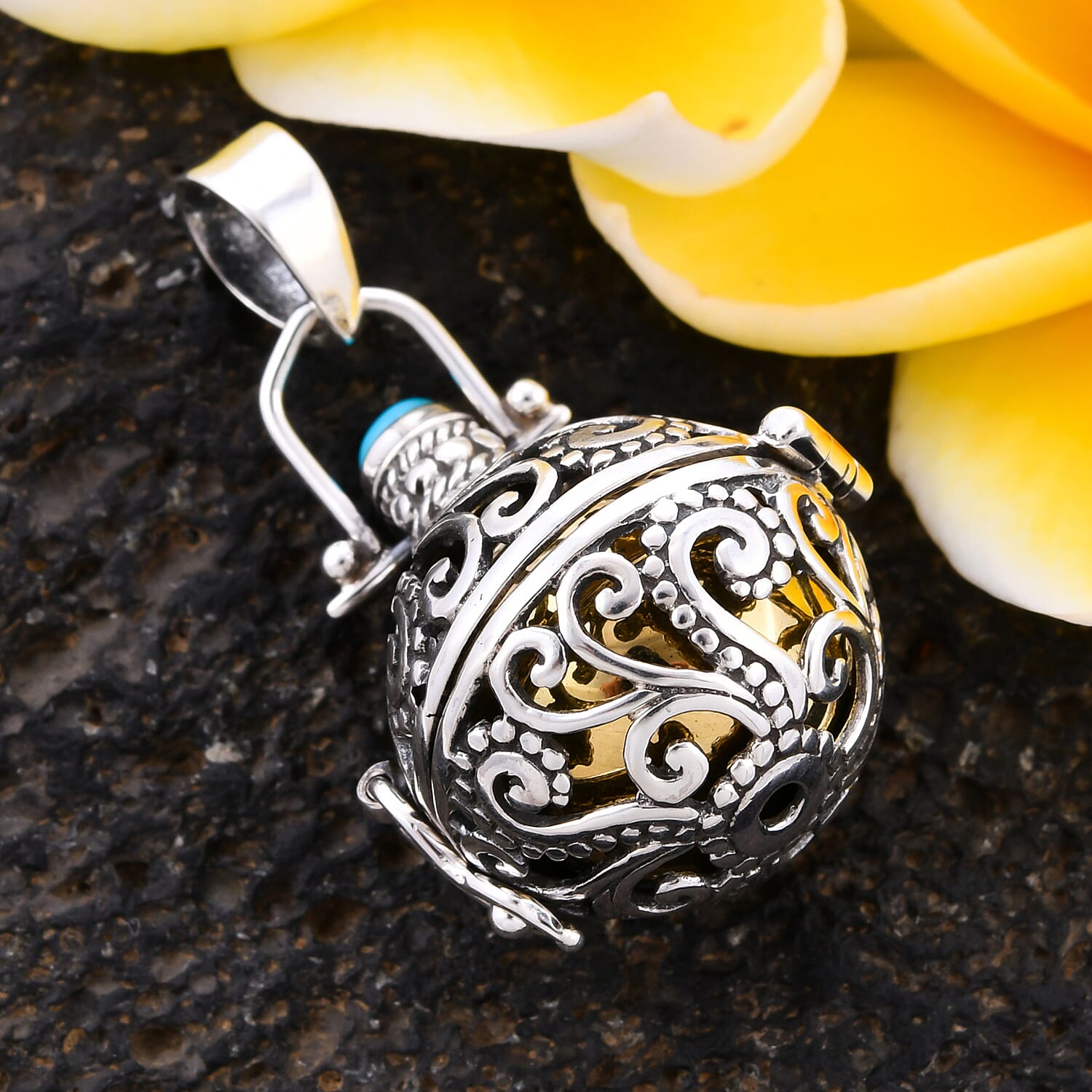 Royal Bali Collection - Arizona Sleeping Beauty Turquoise Harmony Ball Pendant in Yellow Gold Overlay Sterling Silver, Silver wt. 9.10 Gms