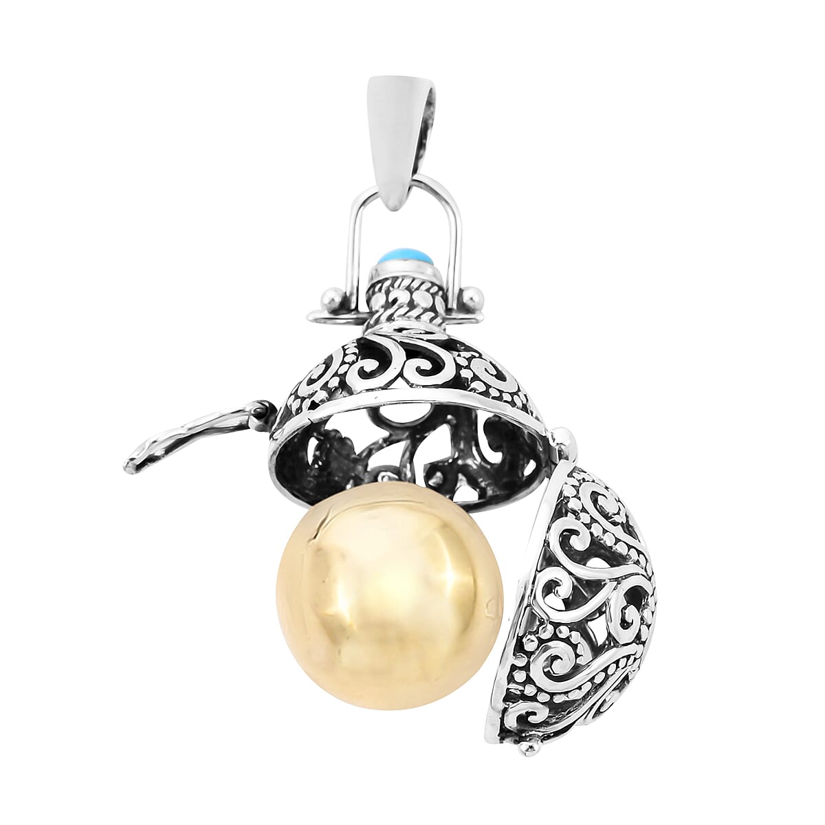 Royal Bali Collection - Arizona Sleeping Beauty Turquoise Harmony Ball Pendant in Yellow Gold Overlay Sterling Silver, Silver wt. 9.10 Gms