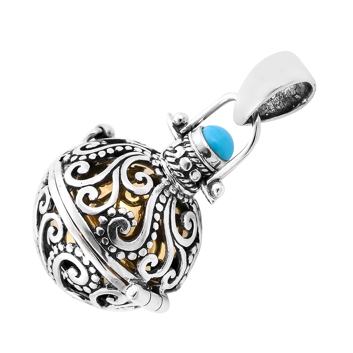 Royal Bali Collection - Arizona Sleeping Beauty Turquoise Harmony Ball Pendant in Yellow Gold Overlay Sterling Silver, Silver wt. 9.10 Gms