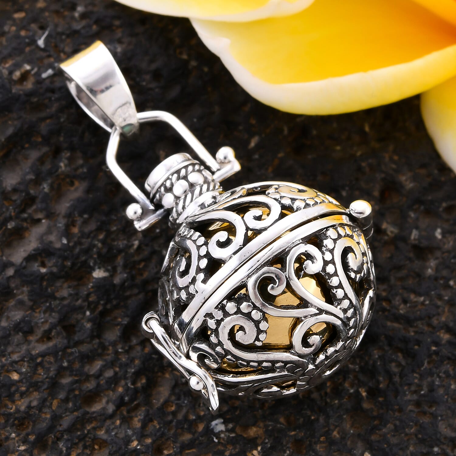 Royal Bali Collection - Ethiopian Welo Opal Harmony Ball Pendant in Yellow Gold Overlay Sterling Silver, Silver wt. 9.70 Gms