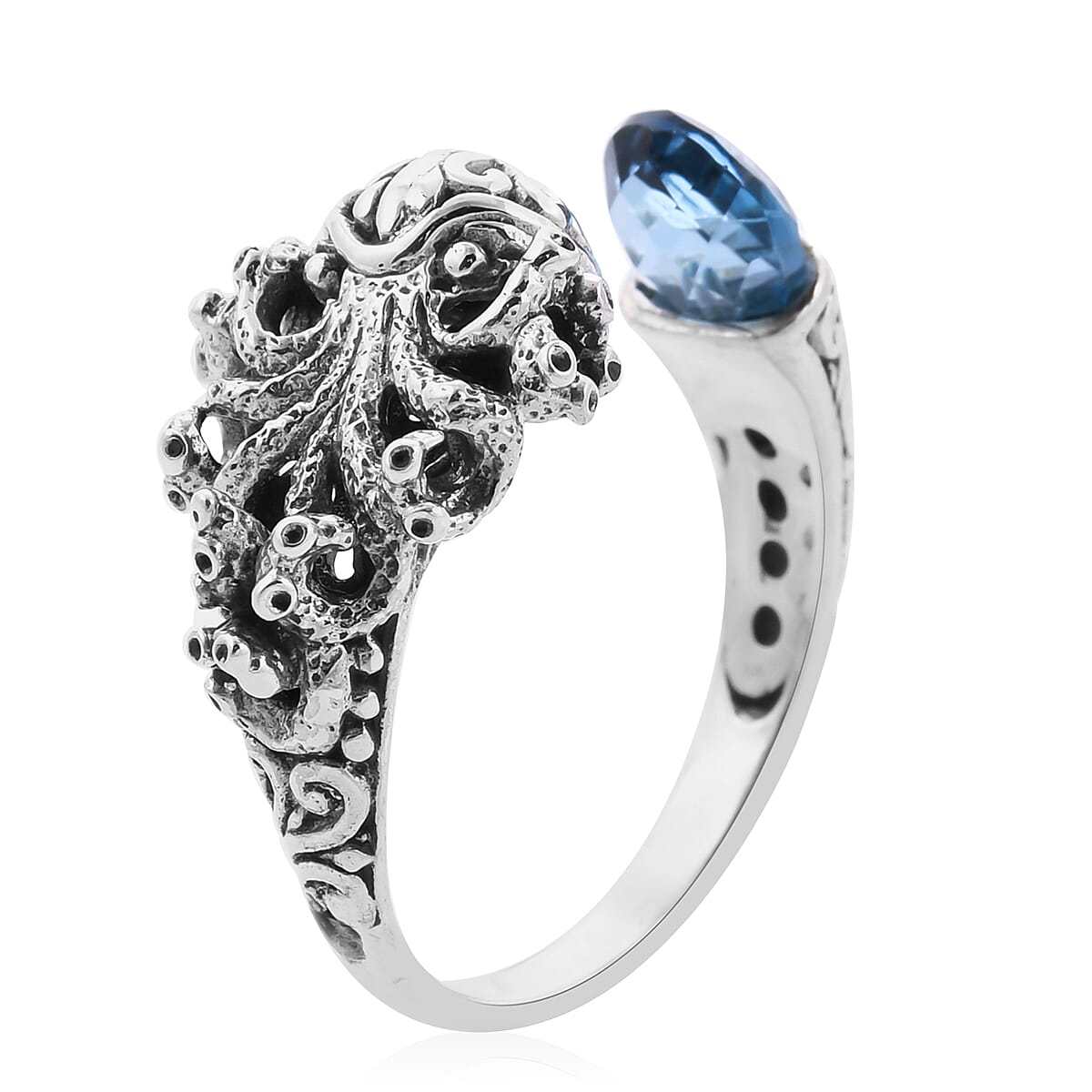 Royal Bali Collection - London Blue Topaz Octopus Ring in Sterling Silver 1.30 Ct, Silver wt 5.00 Gms