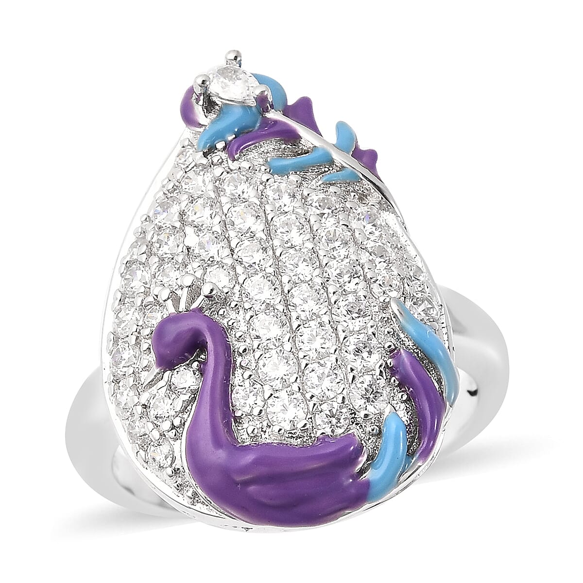 Lustro Stella Rhodium Overlay Sterling Silver Enamelled Ring Made with Finest CZ