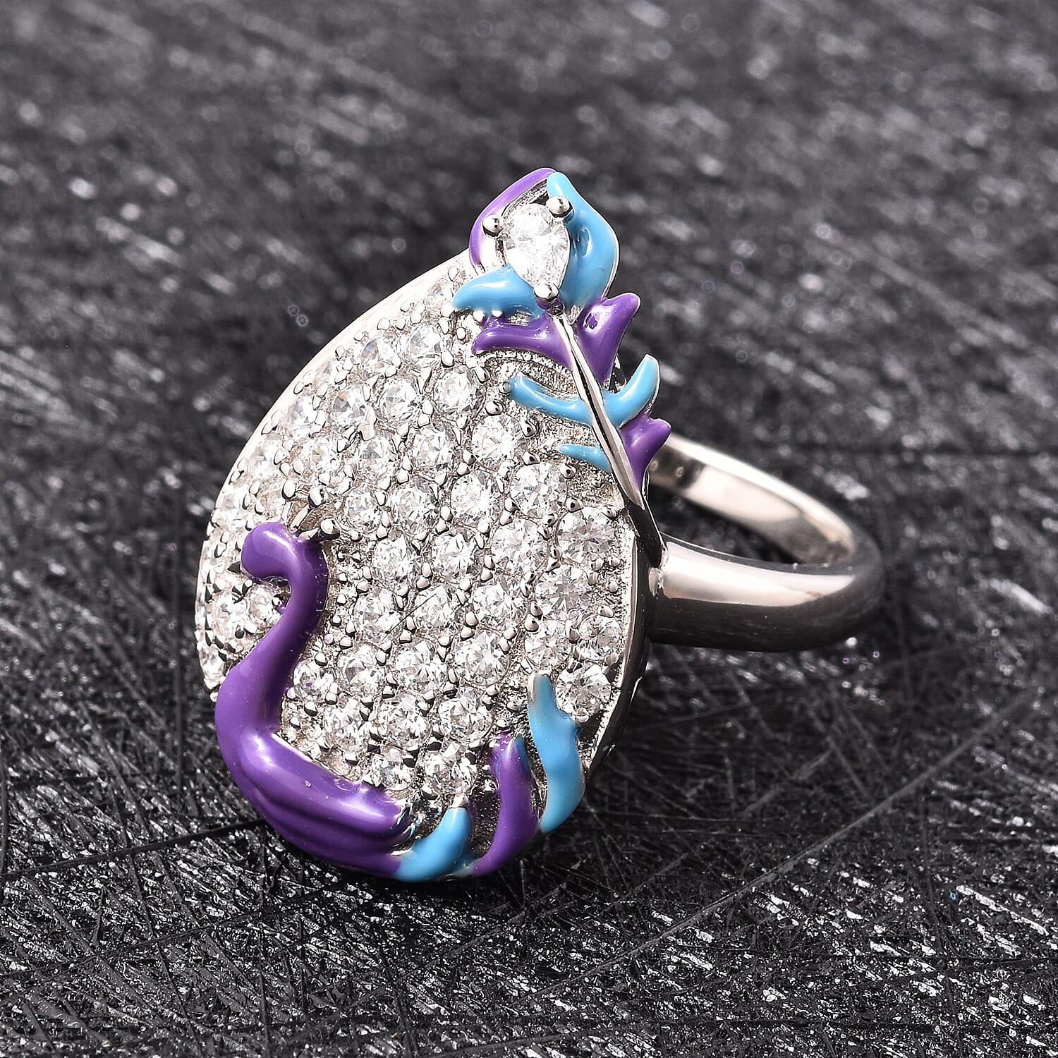 Lustro Stella Rhodium Overlay Sterling Silver Enamelled Ring Made with Finest CZ